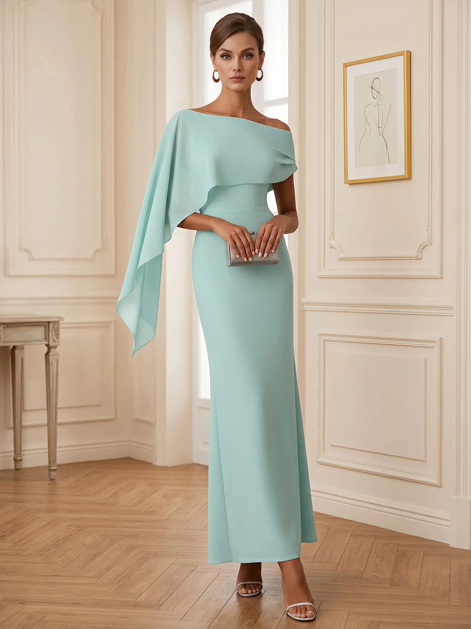 One-Shoulder Chiffon Overlay Mermaid Evening Gown