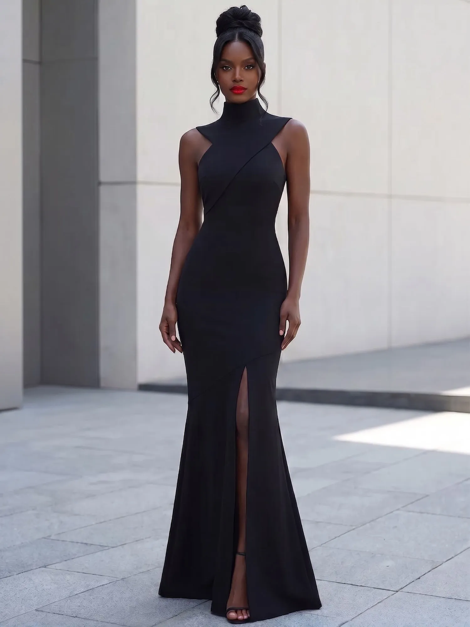 High Neck Asymmetric Cutout Mermaid Evening Gown