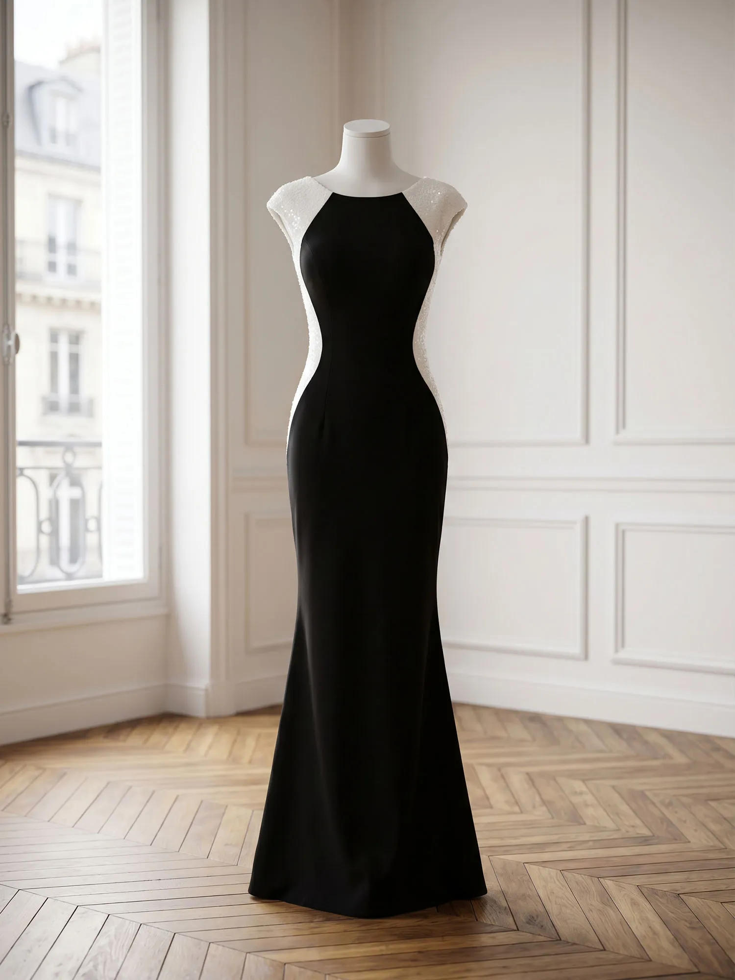 Bateau Neck Sequins Cap Sleeve Mermaid Evening Gown