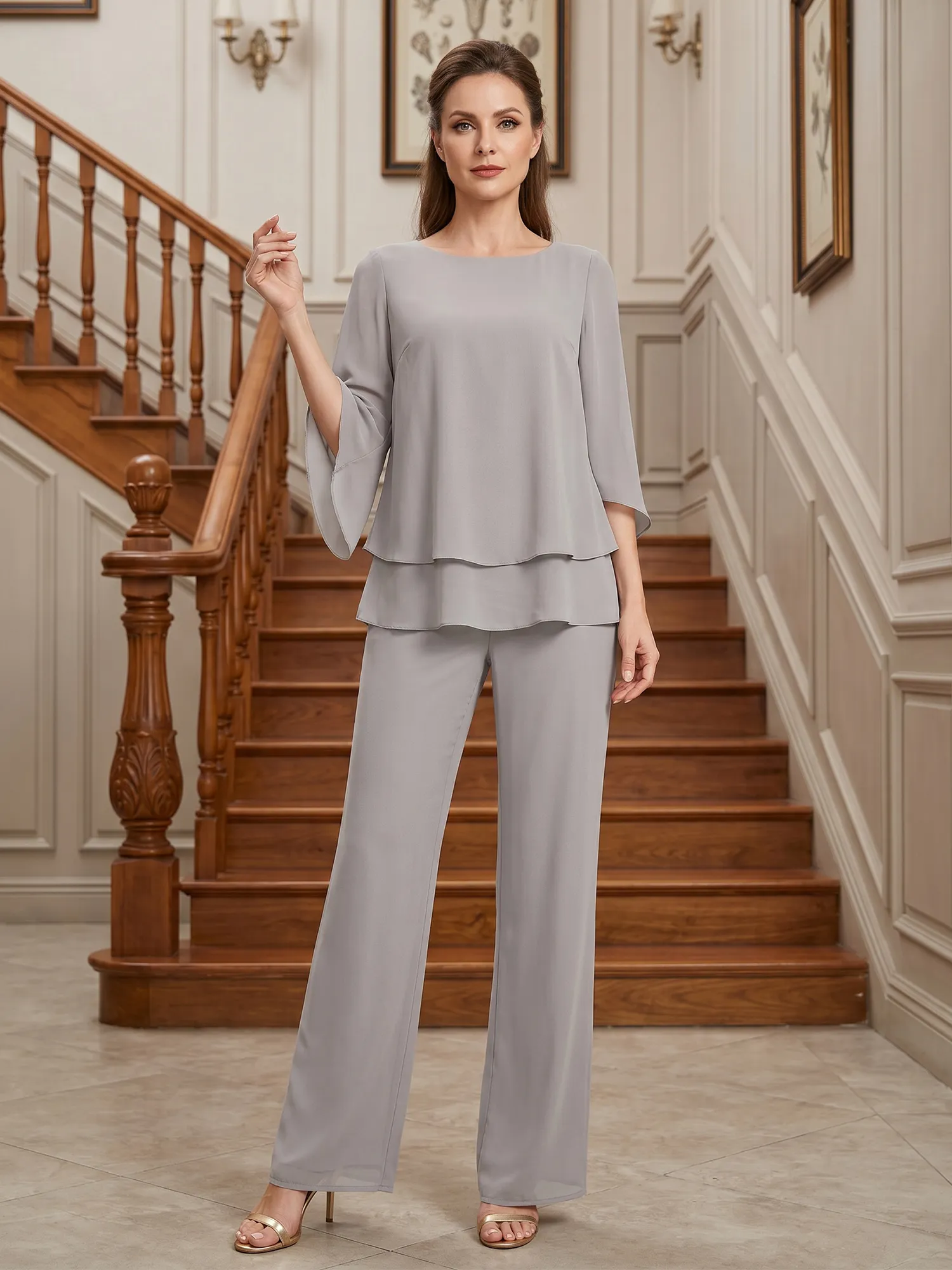 Round Neck Chiffon Two-Piece Mother of the Bride Jumpsuit