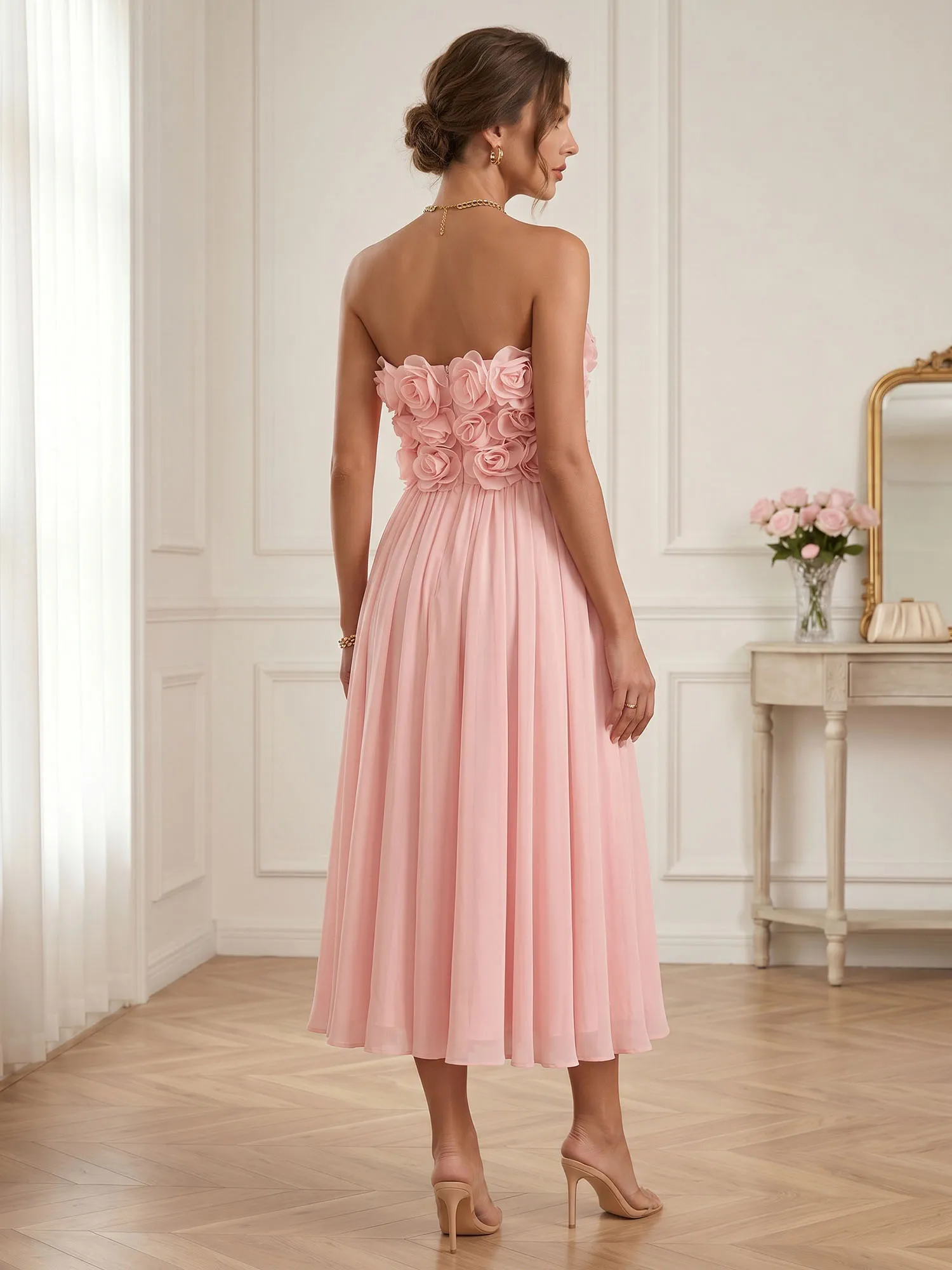 Strapless 3D Floral Chiffon A-Line Midi Formal Dress