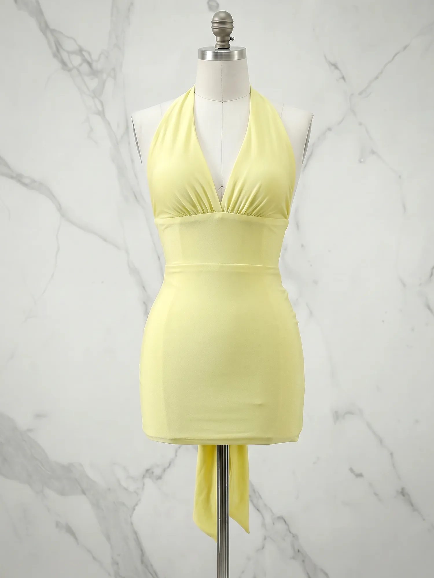 Halter V-Neck Back Bow Ruched Bodycon Homecoming Dress