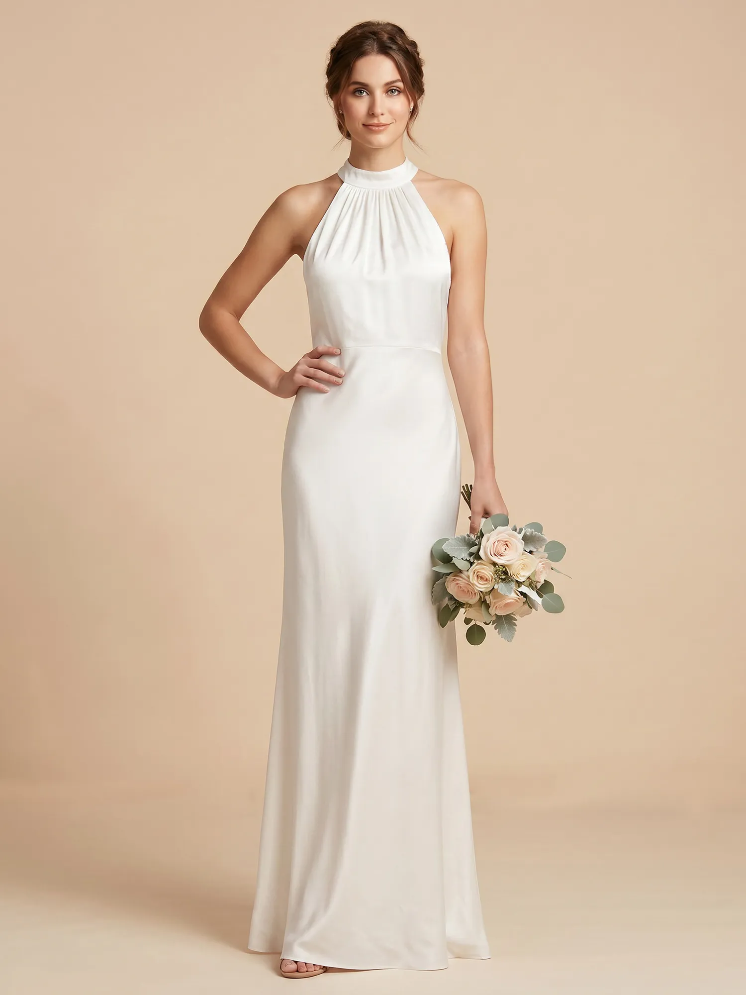 Halter Neck Satin Sheath Bridesmaid Dress with Back Bow