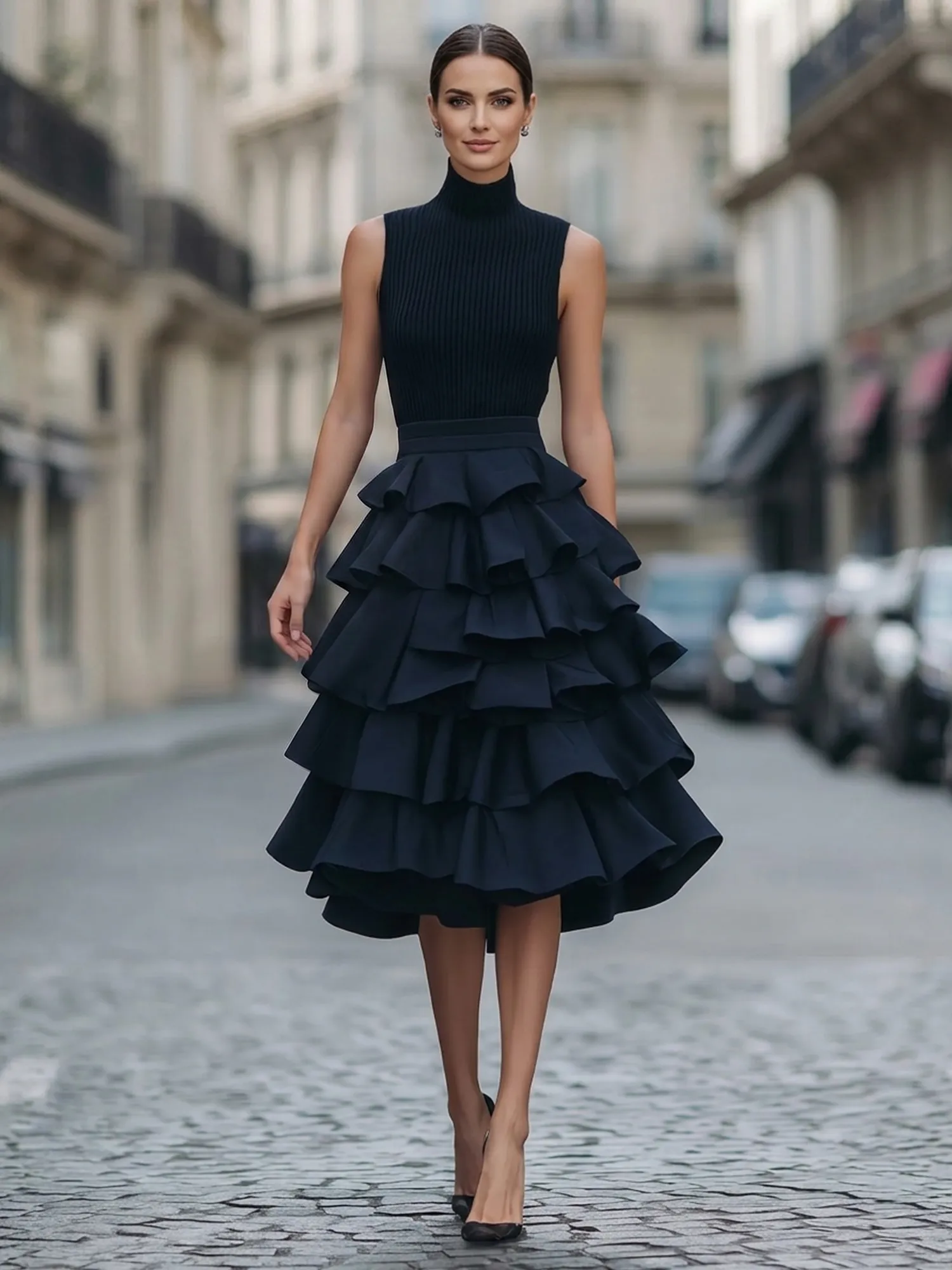 A Line High-Neck Pleated Tiered Evening Dress Maxi Dress