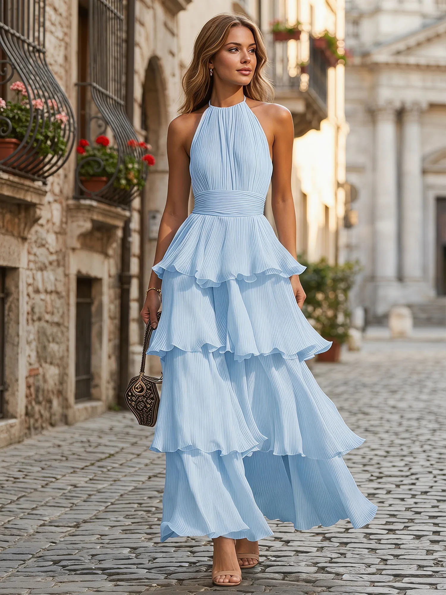 A Line Halter Neck Tiered Ruffle Chiffon Evening Dress