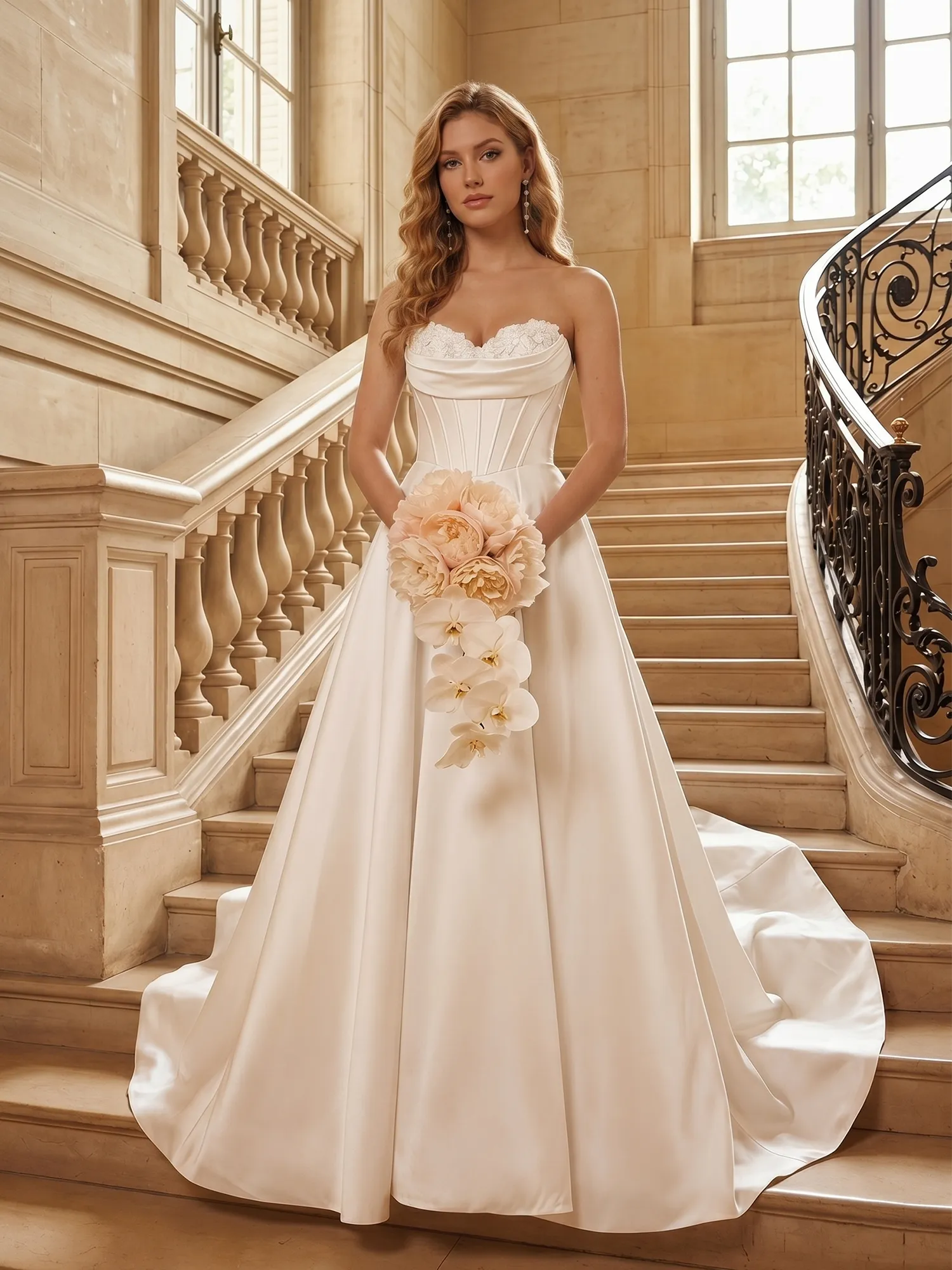 Strapless Lace-Corset Satin Ball Gown Wedding Dress
