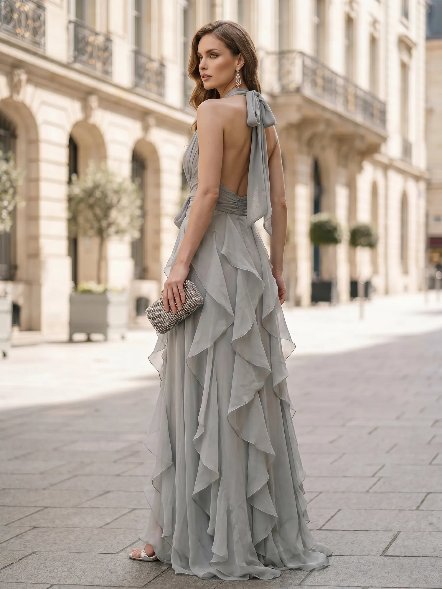Halter Neck Tiered Ruffle Chiffon Evening Dress