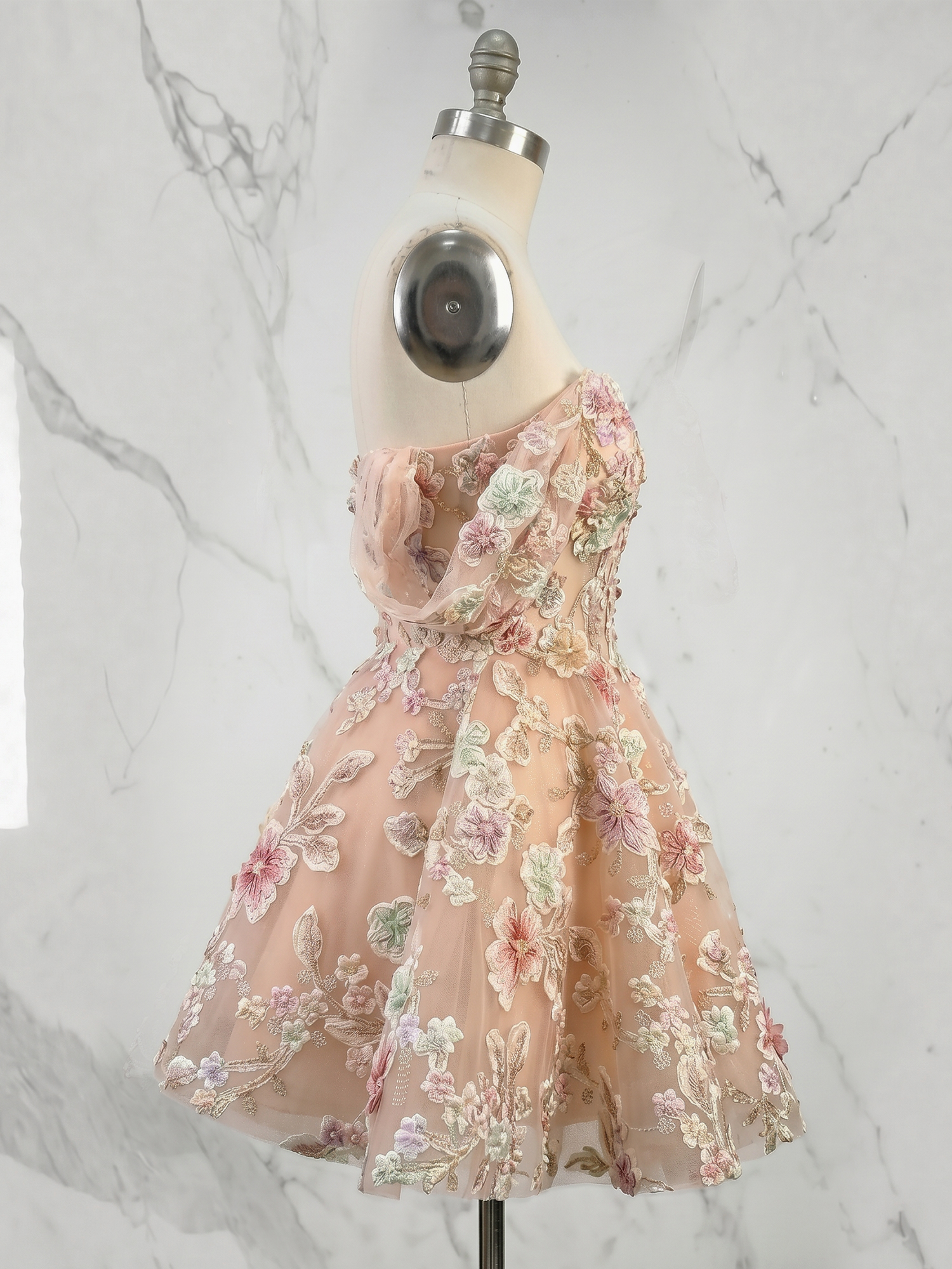 Enchanted Blush 3D Floral Corset Mini Dress with Off-the-Shoulder Sleeves Homcoming Dress