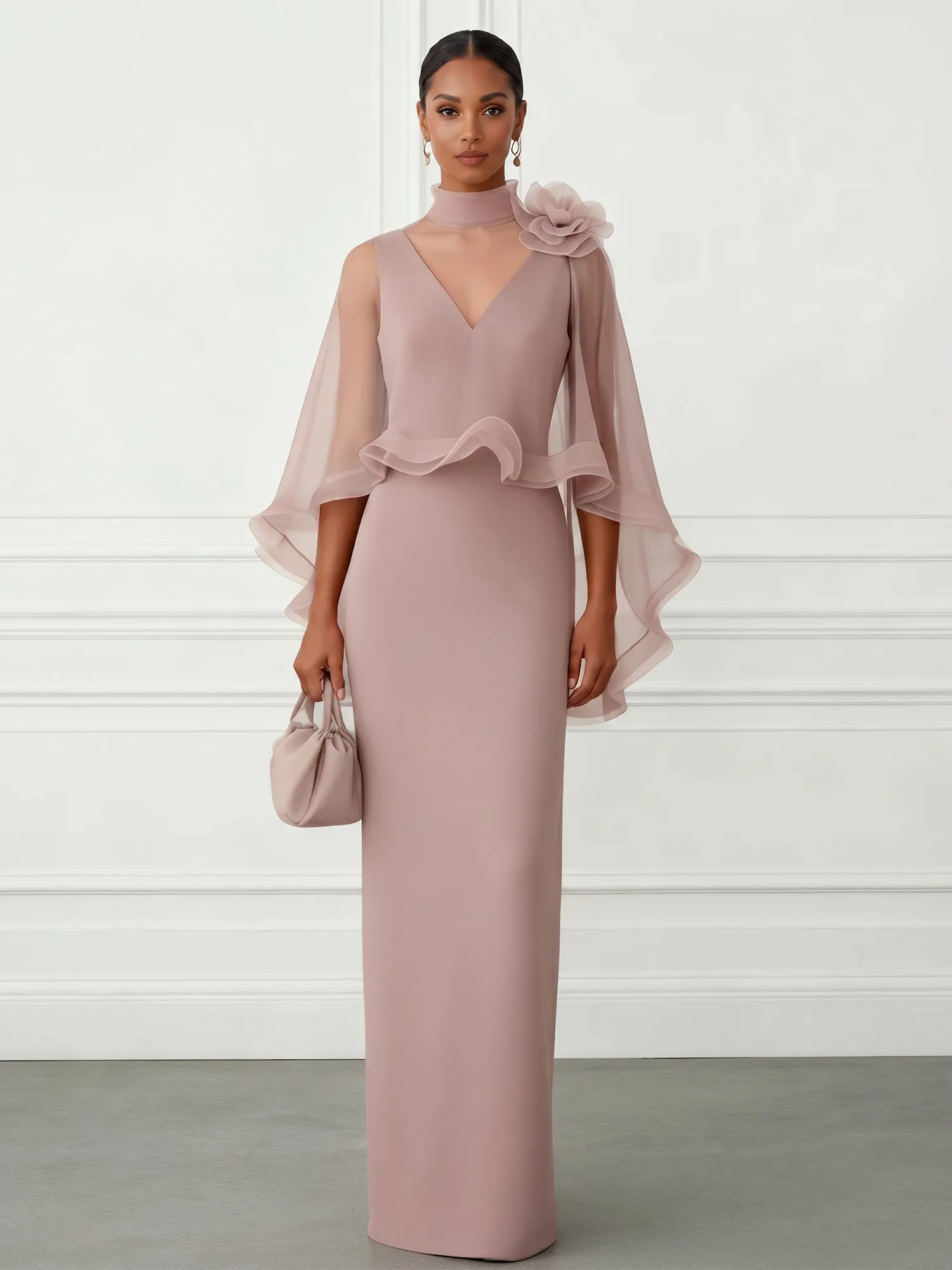 High-Neck Chiffon Cape Sleeve Sheath Evening Gown