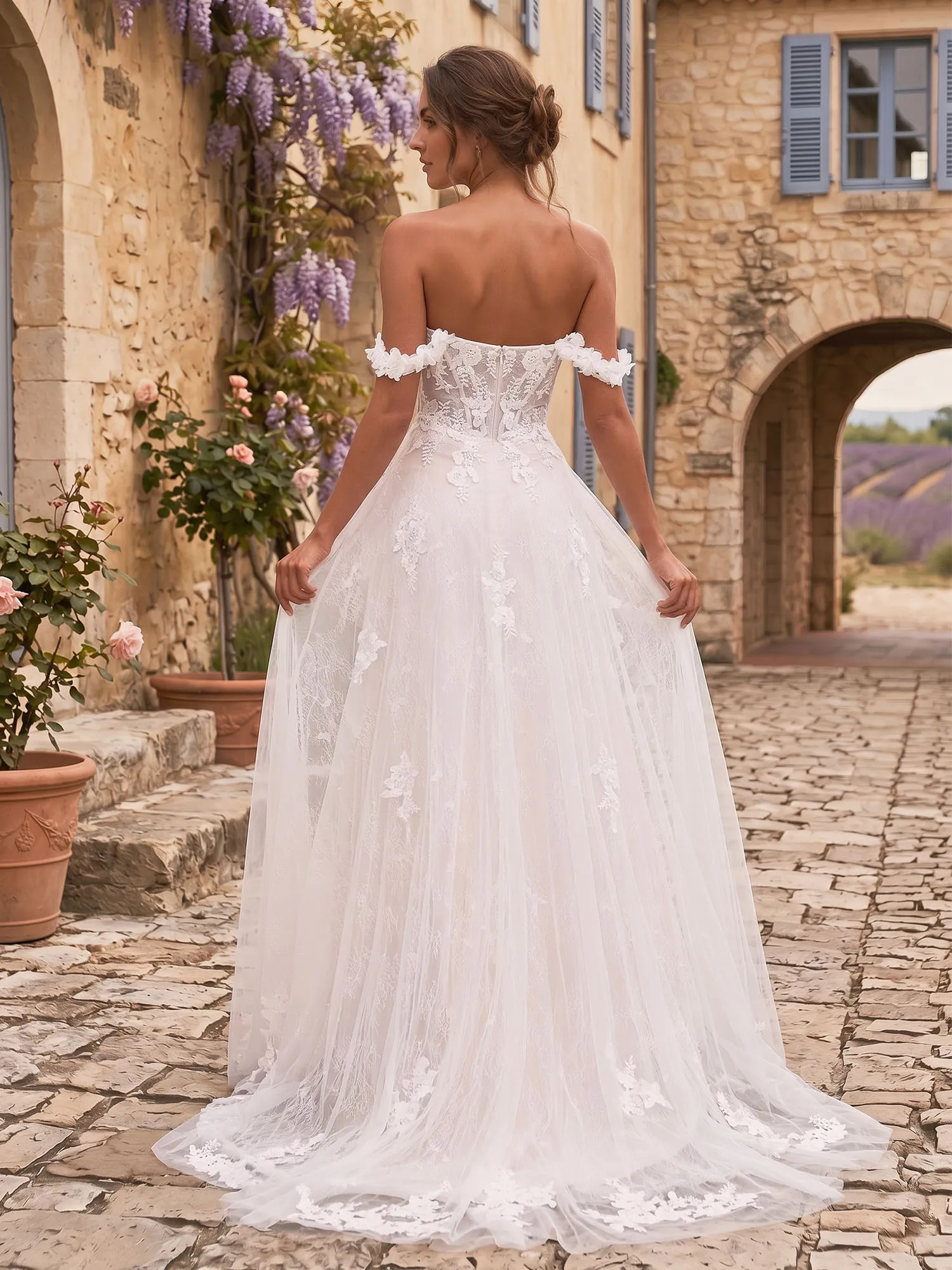 Off-the-Shoulder Lace Corset A-Line Wedding Dress