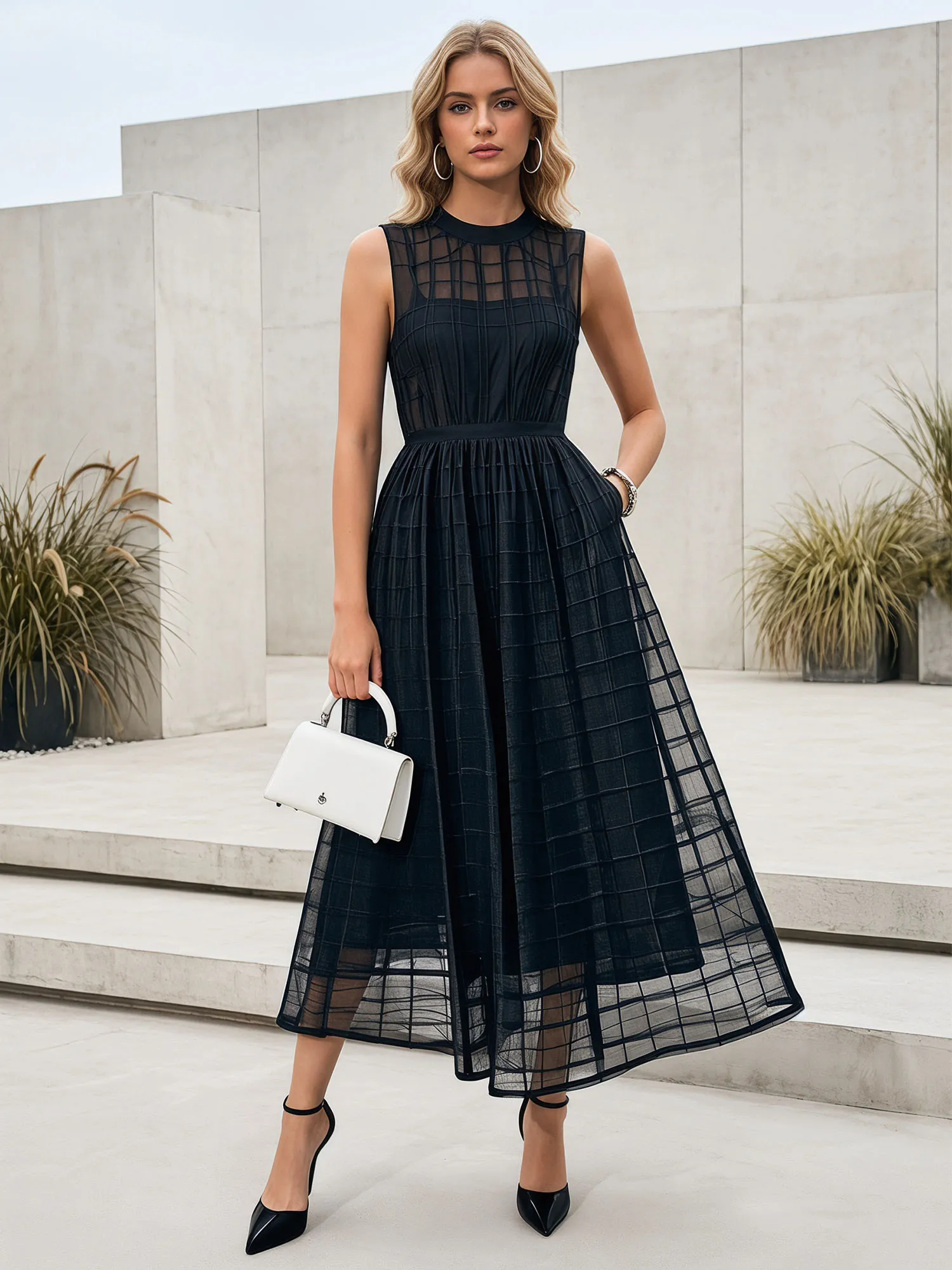 Sleeveless Grid Mesh A-Line Midi Evening Dress