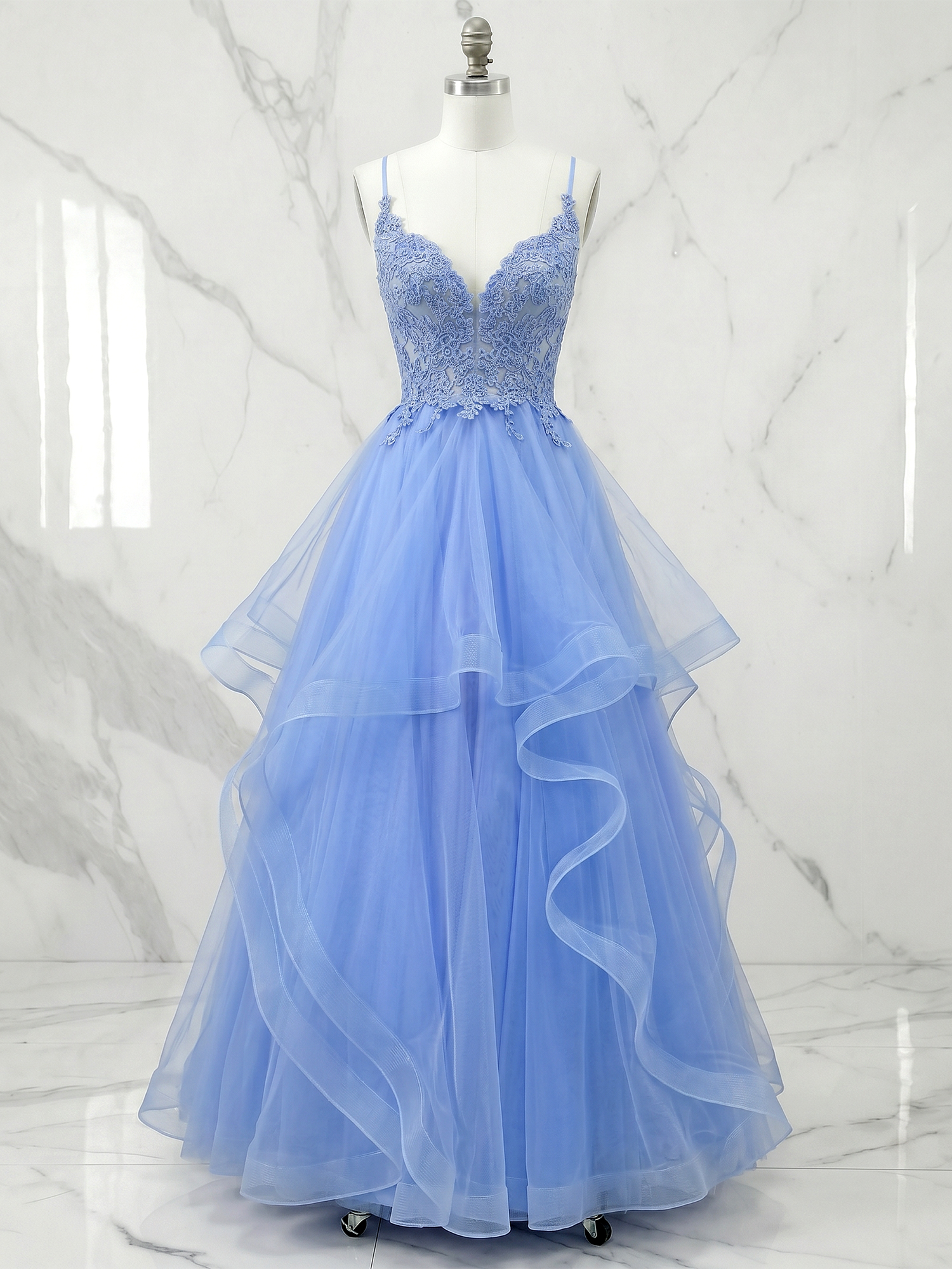 Spaghetti Strap Lace Corset Ruffle Tulle Prom Gown