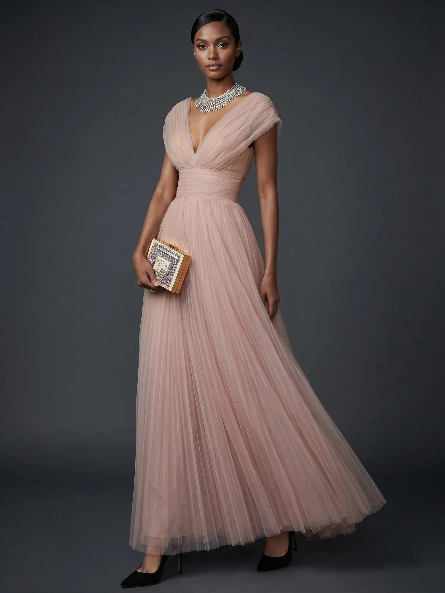 Draped V-Neck Pleated Tulle Evening Gown Maxi Dress