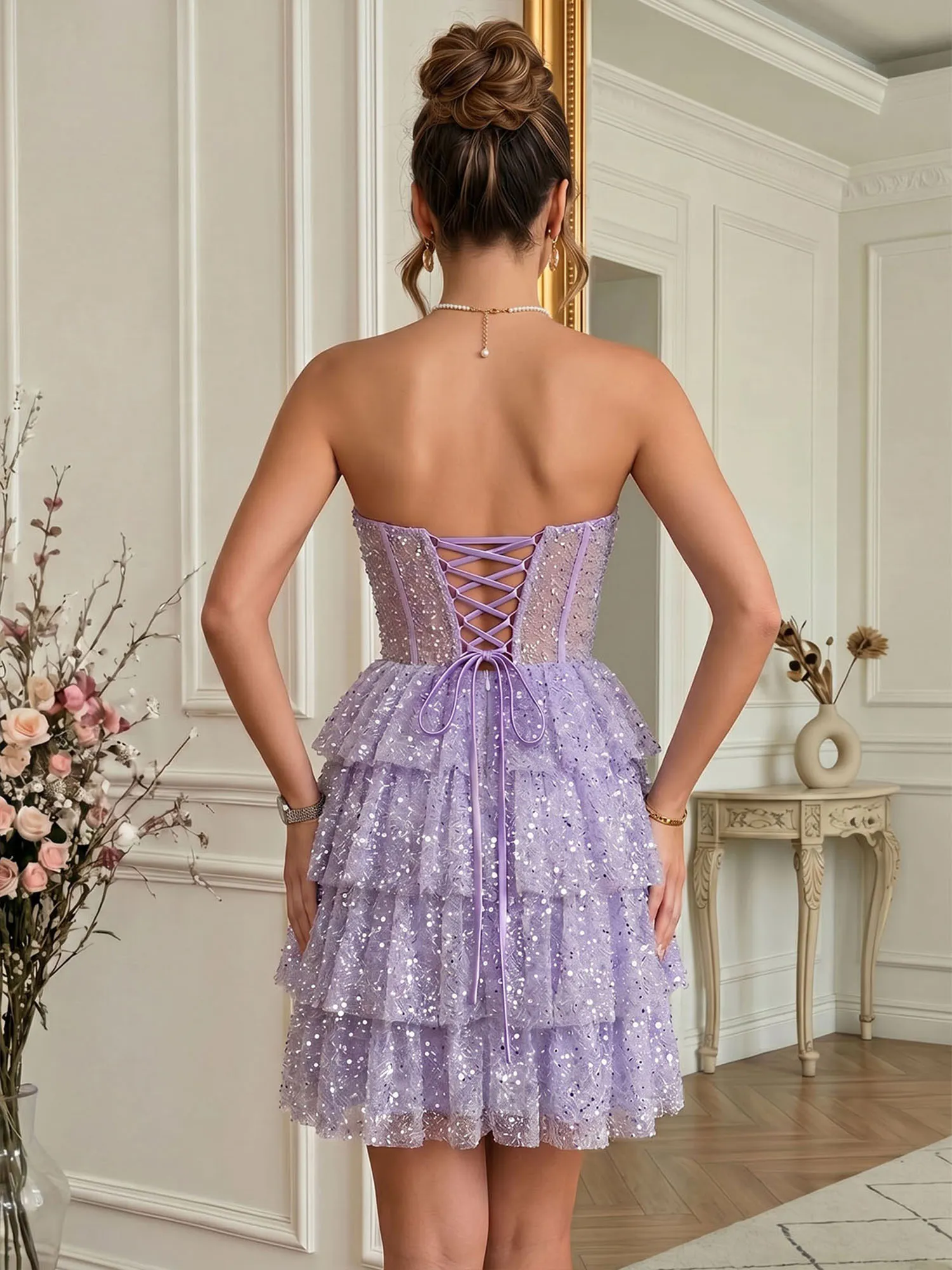 Strapless Sequin Corset Tiered Ruffle Homecoming Dress