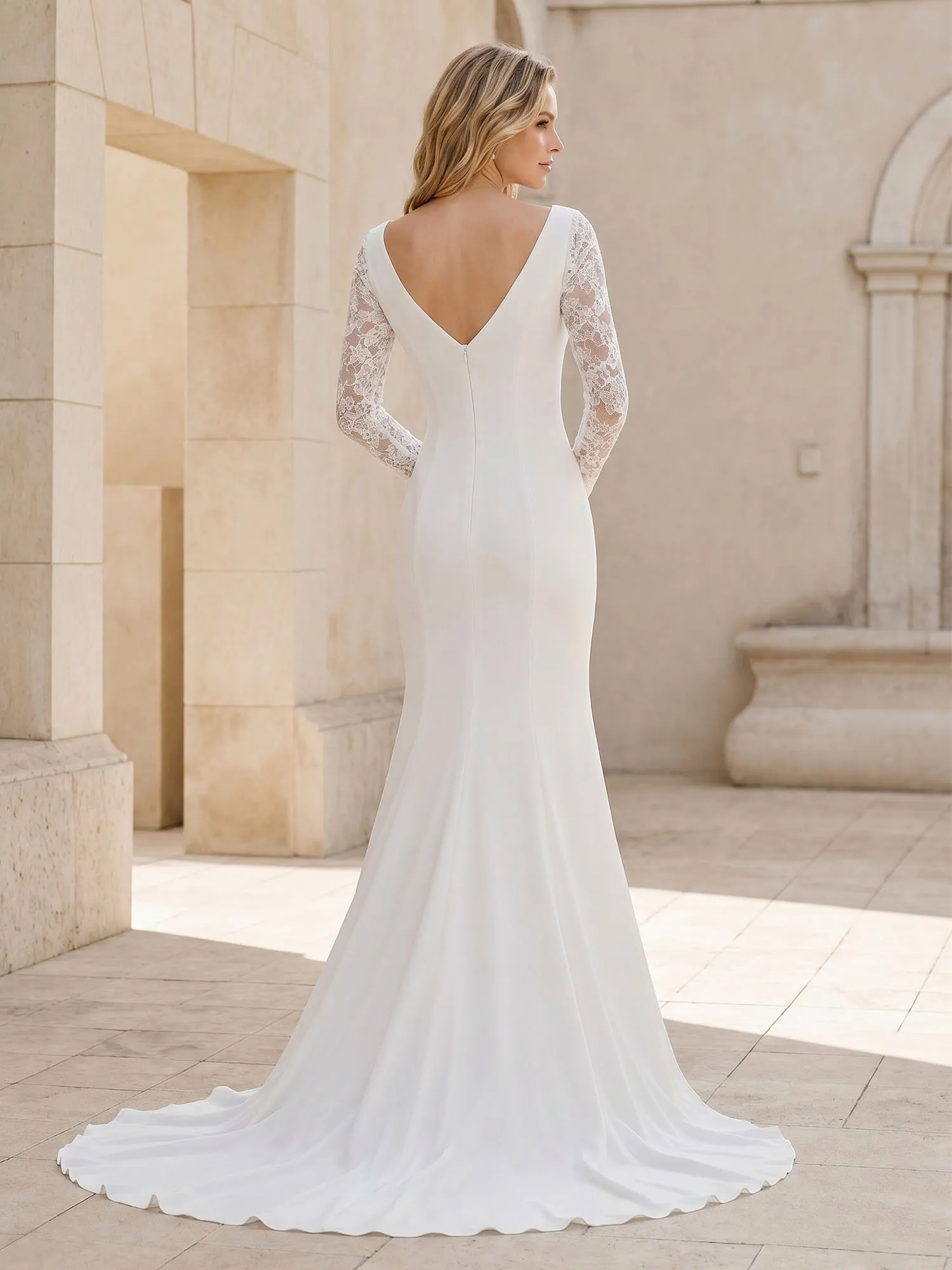 V Neck Long Lace Sleeve Mermaid Crepe Wedding Dress