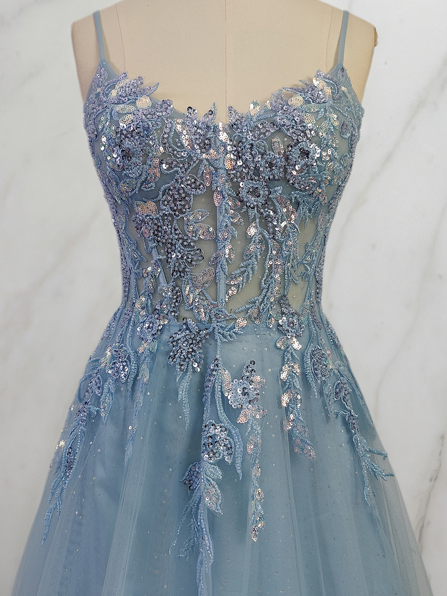 Dusty Blue Lace Appliqué Tulle A-Line Long Prom Dress