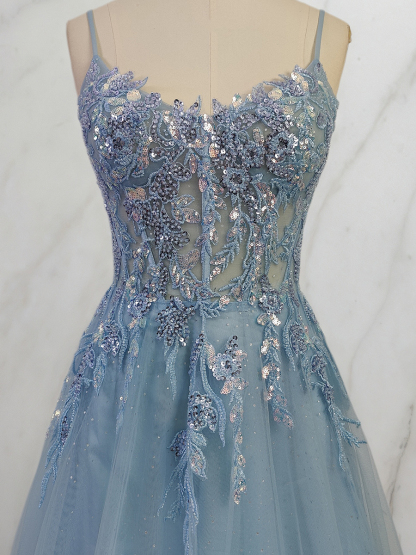 Dusty Blue Lace Appliqué Tulle A-Line Long Prom Dress