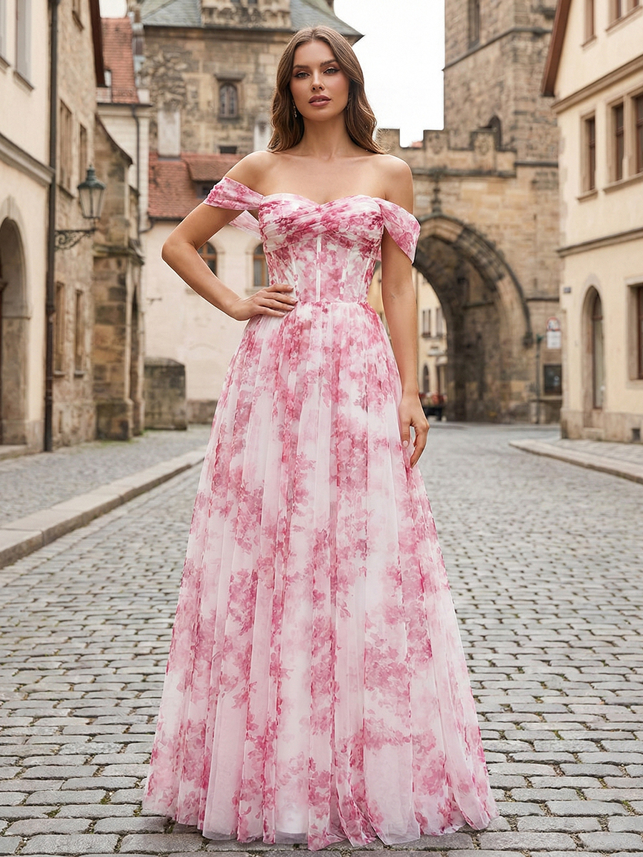 Pevafe Women Prom Dress Pink Floral Off-the-Shoulder Corset A-Line Long Prom Dress Evening Gorn