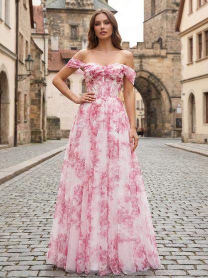 Pink Floral Off-the-Shoulder Corset A-Line Long Prom Dress