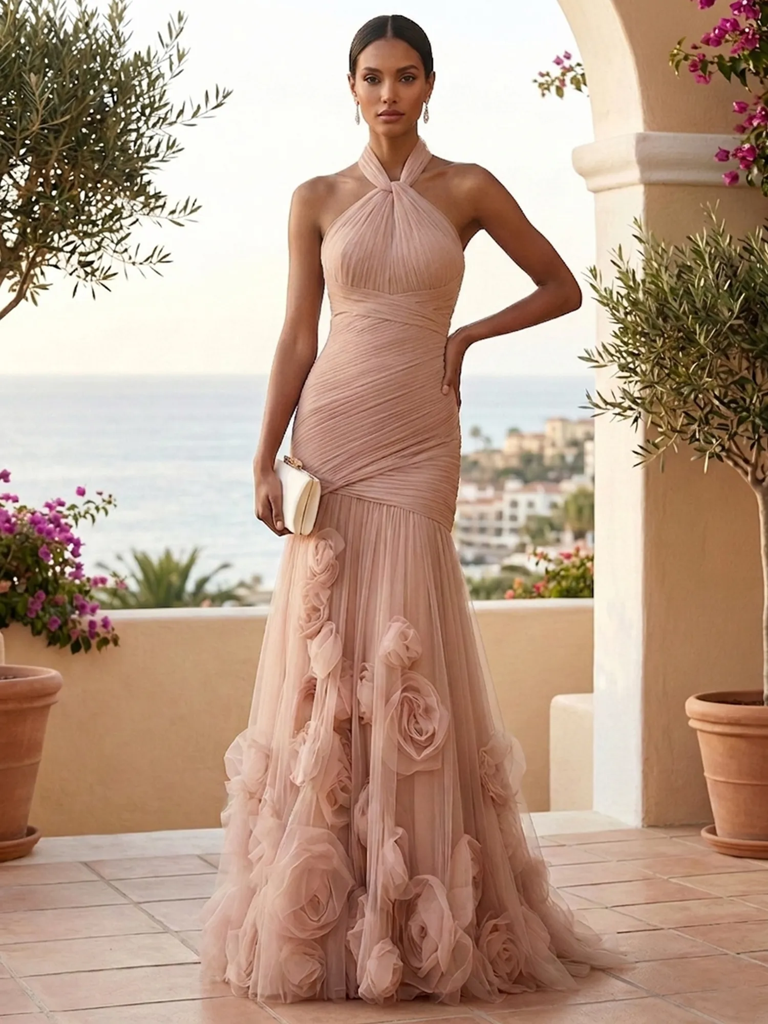 Halter Neck Ruched Tulle Mermaid Gown with 3D Floral Appliqués