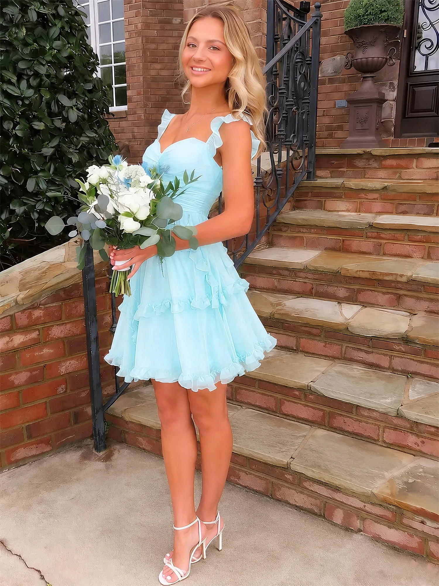 A Line Ruffled Tiered Chiffon Homecoming Dress with Lace-Up Back