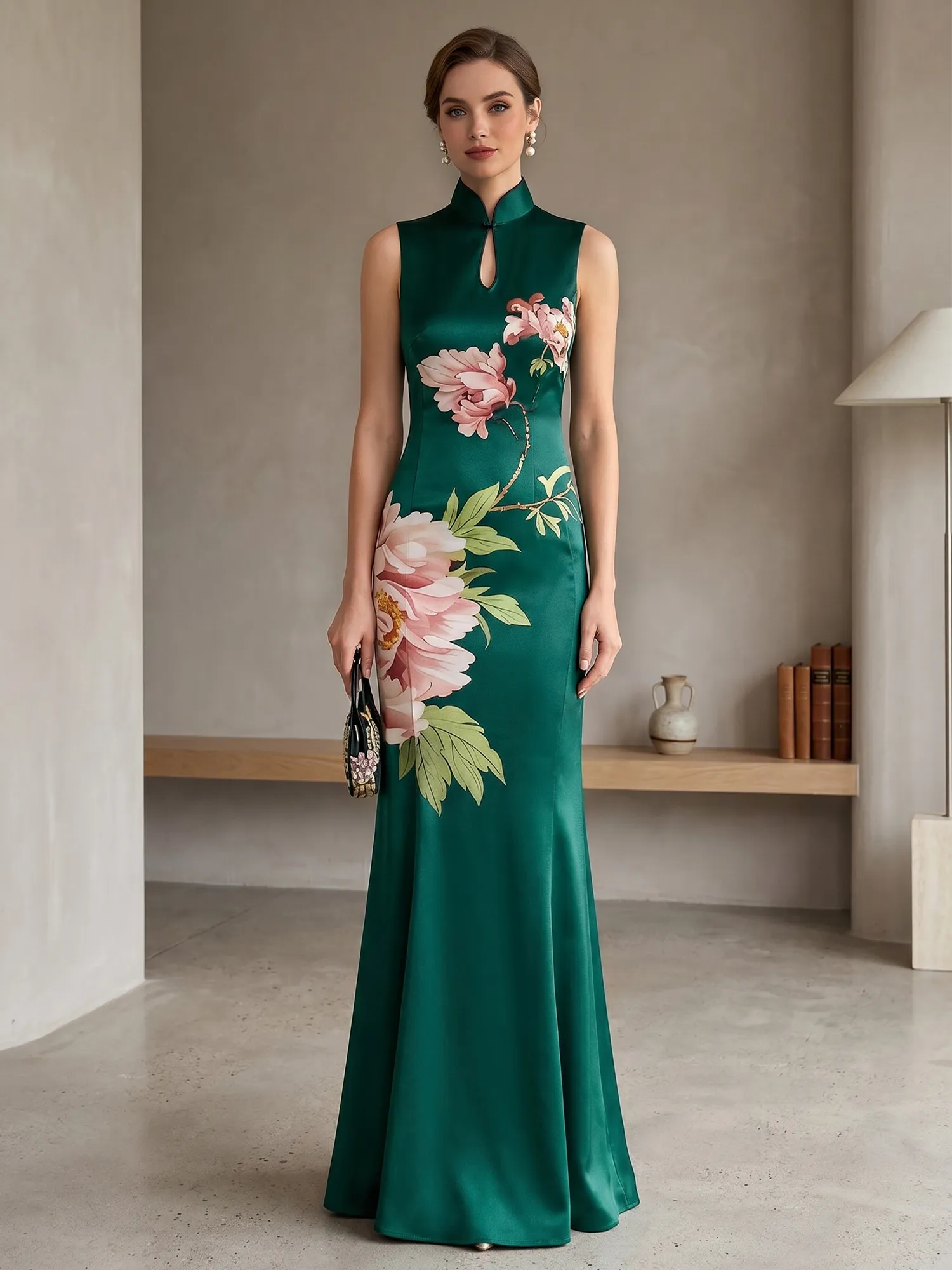 Satin Qipao-Inspired Floral Mermaid Evening Gown