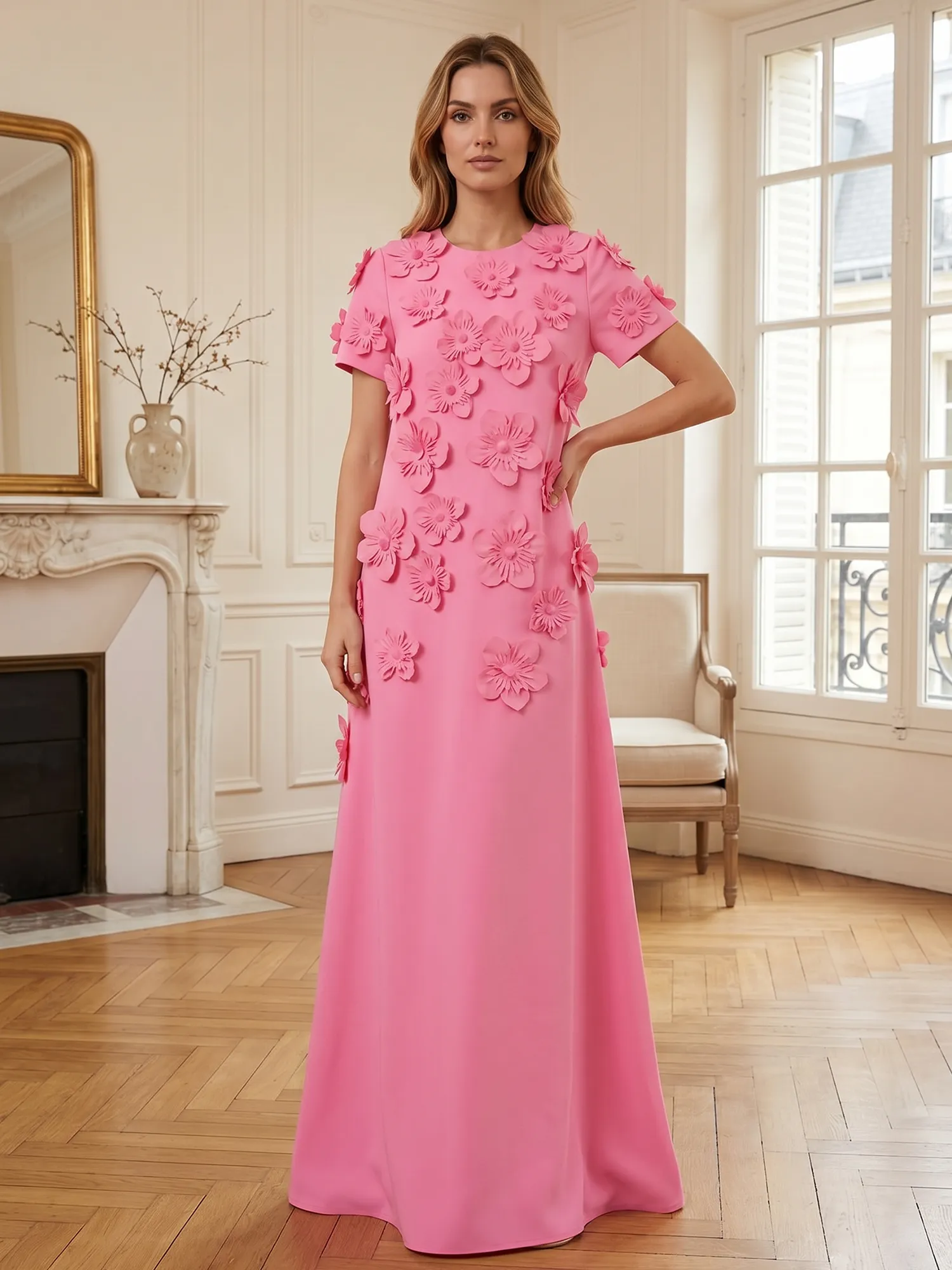 3D Floral Applique Short-Sleeve Column Evening Gown