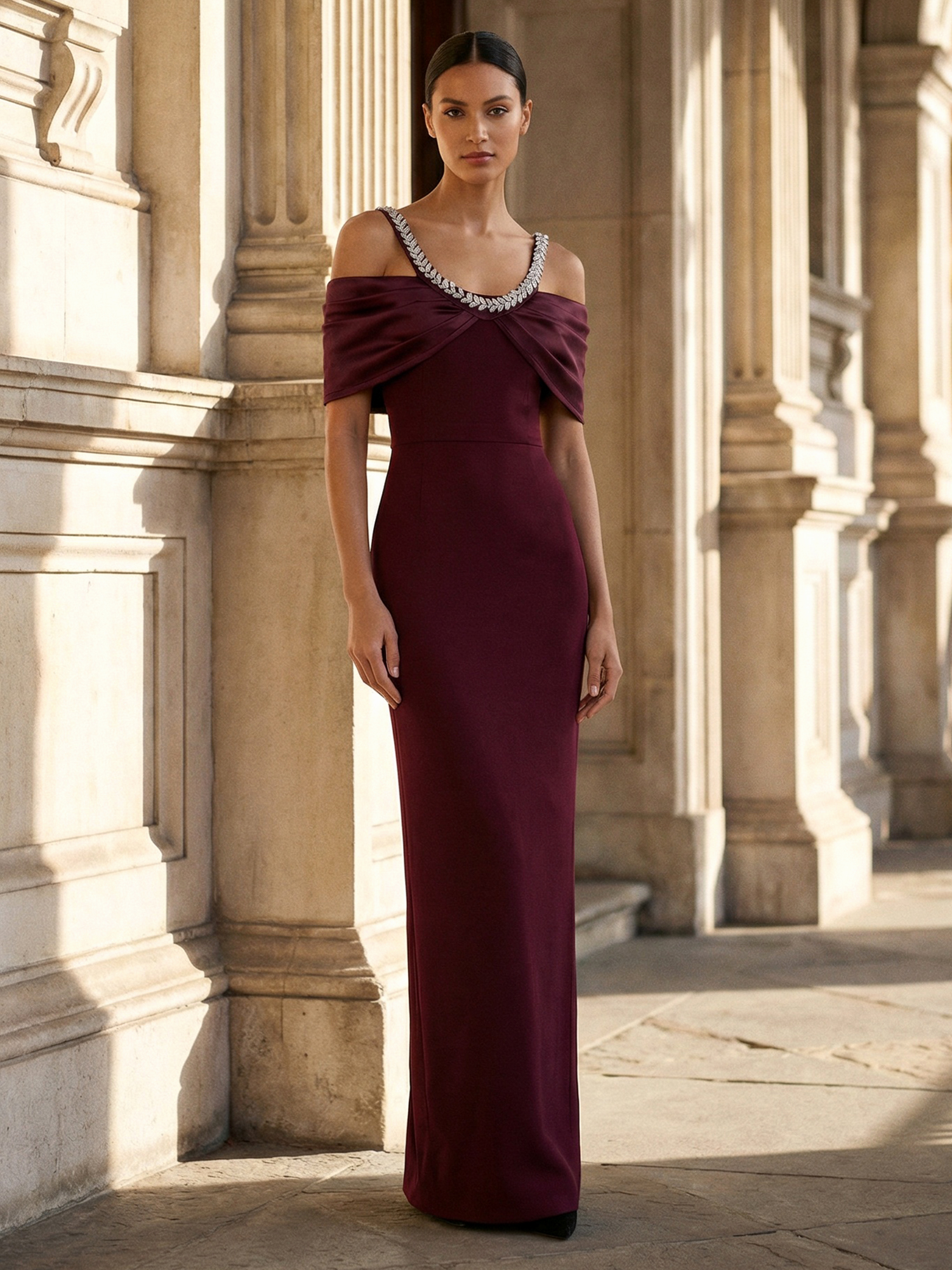 Burgundy Formal Evening Dress Sheath Cold Shoulder Maxi Dress