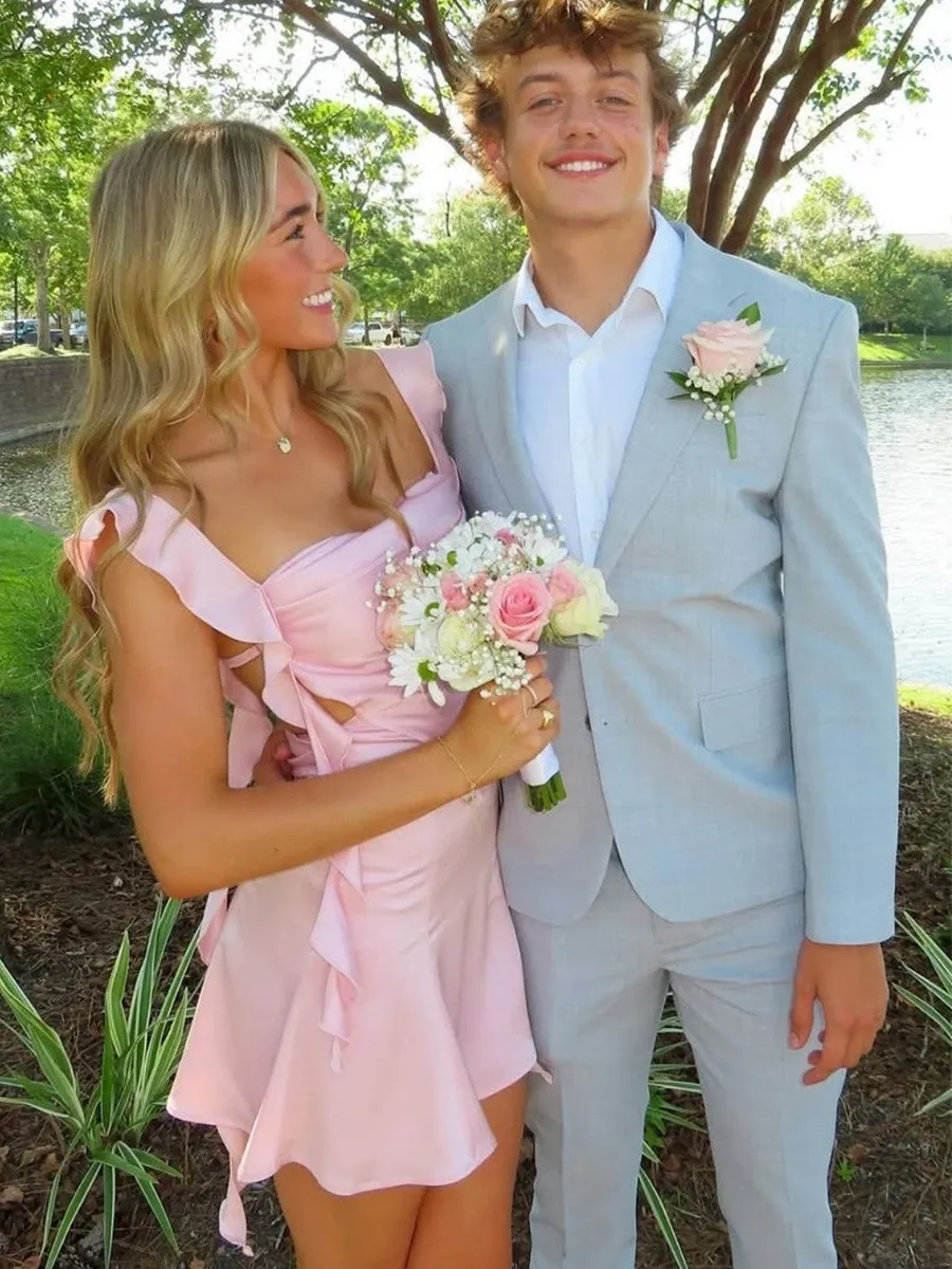 A Line Ruffled Satin Cutout Homecoming Dress Mini Dress