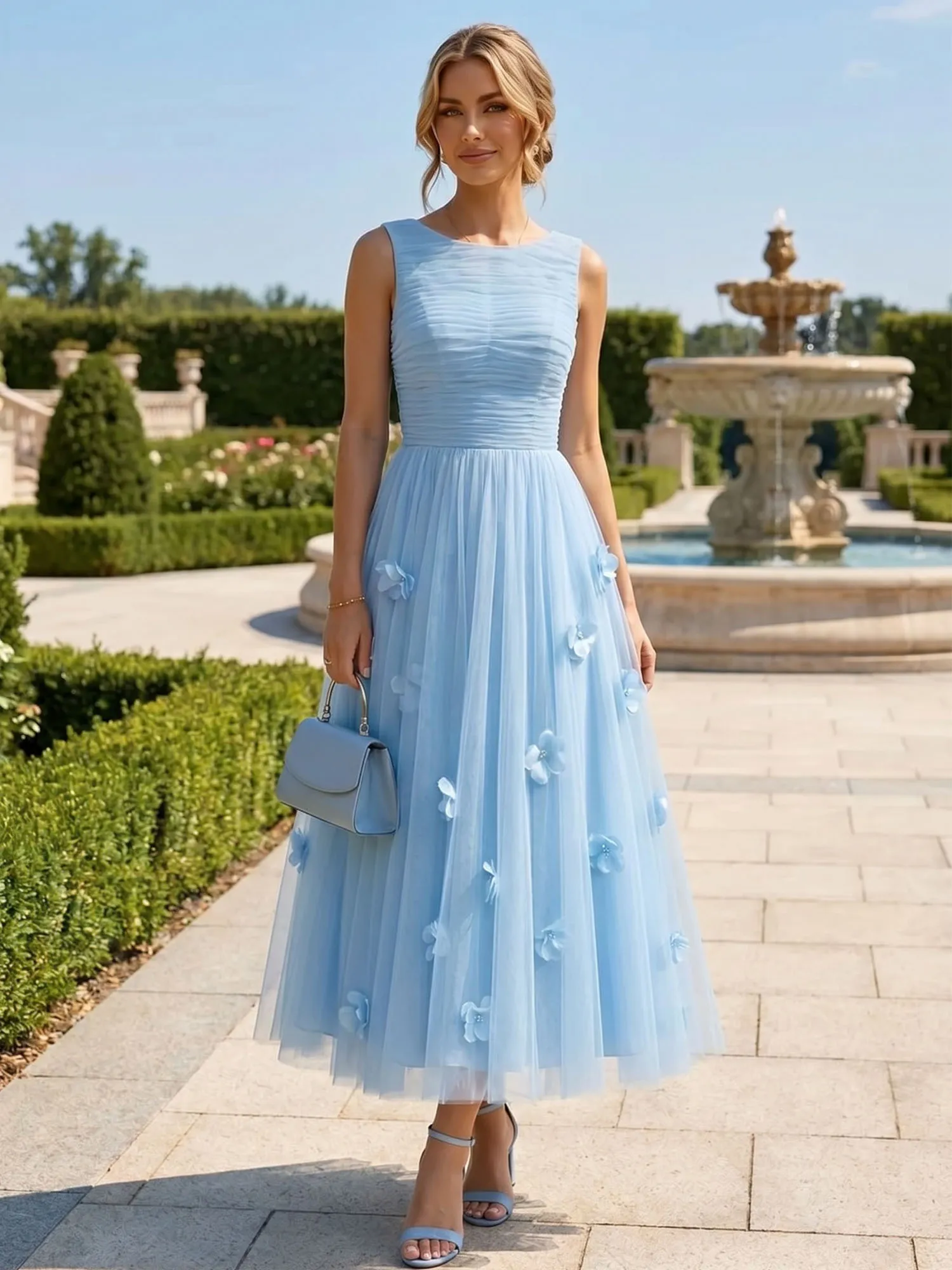 A Line Sleeveless Tulle Midi Dress with 3D Floral Appliqués