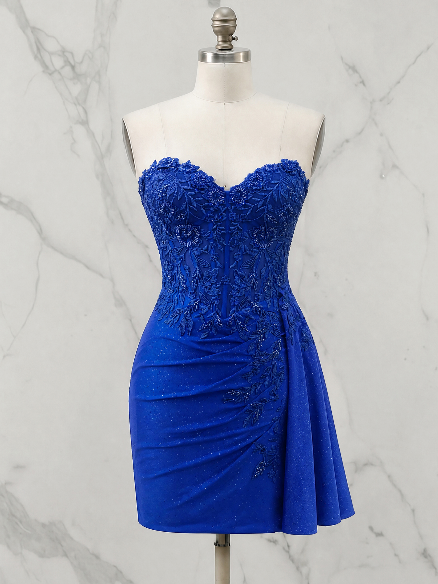 Strapless Lace Appliqué Glitter Homecoming Dress with Side Drape