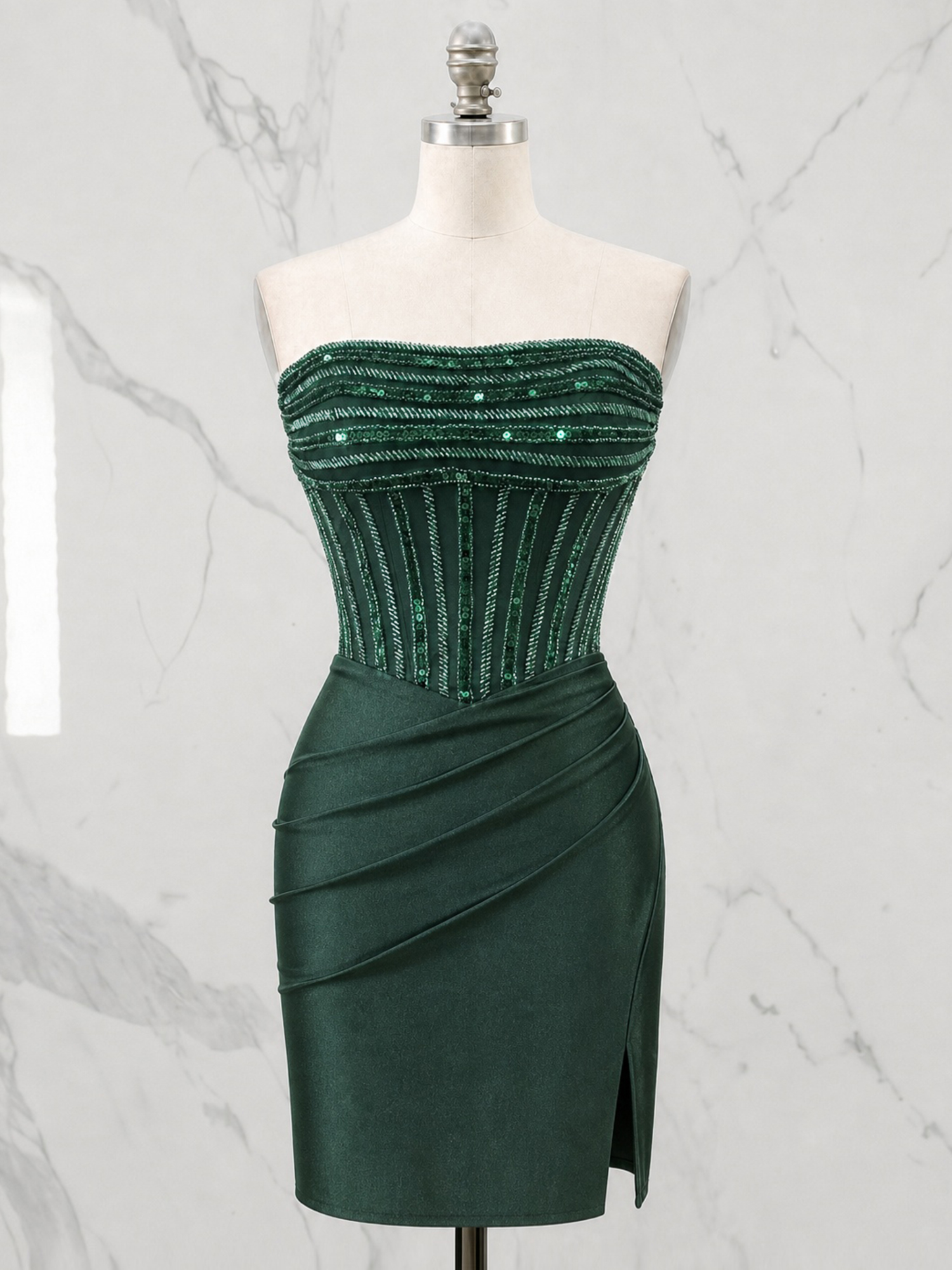 Strapless Beaded Corset Homecoming Dress with Ruched Skirt