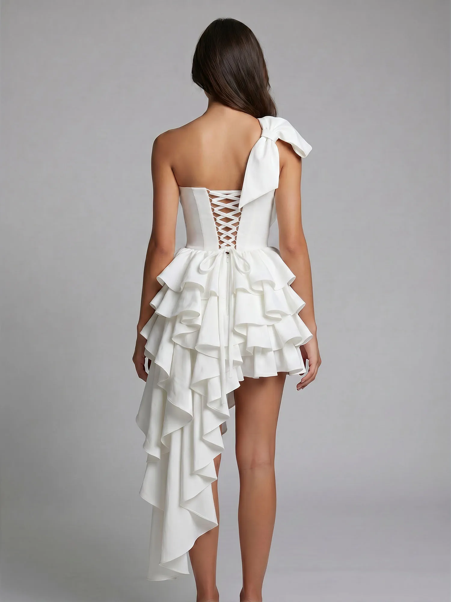 One-Shoulder Bow Tiered Ruffle Asymmetrical Homecoming Dress