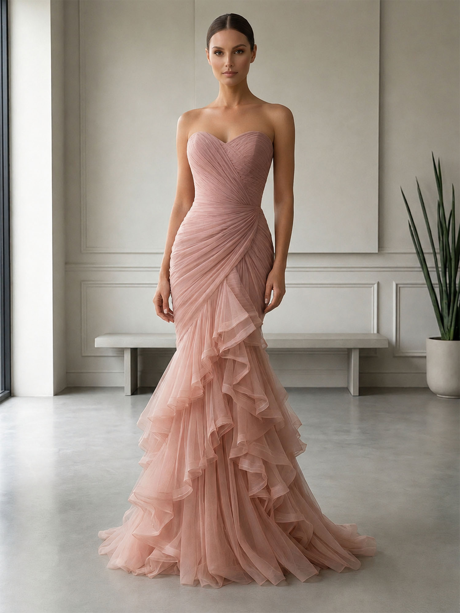 Strapless Ruched Tulle Mermaid Evening Gown Maxi Dress