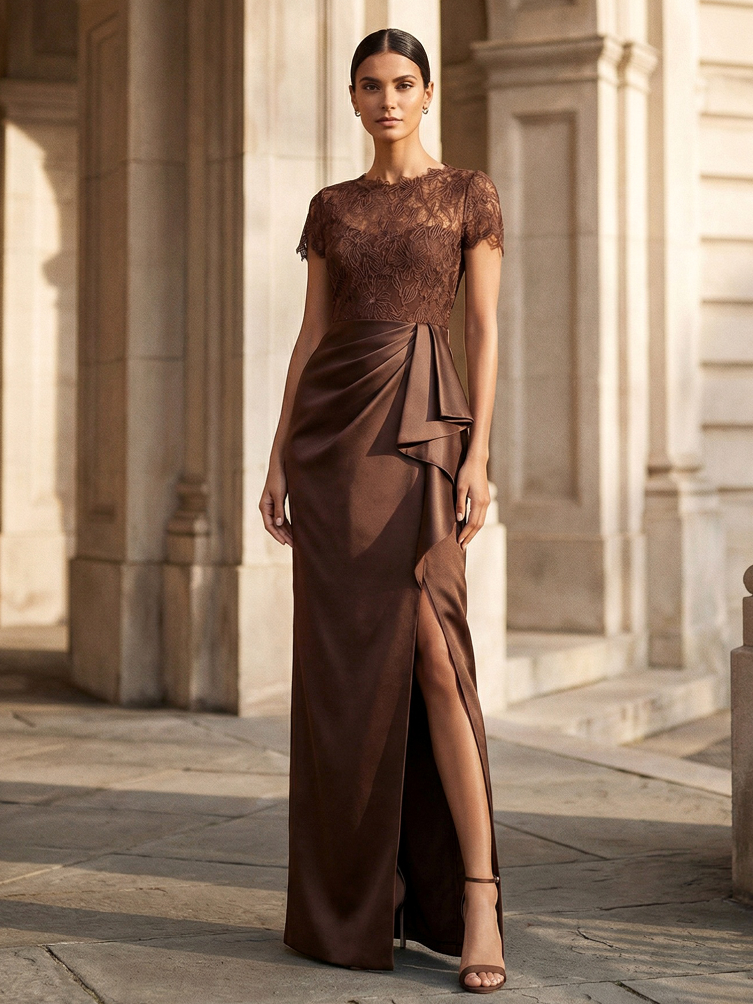 Brown Formal Dress Round Neck Satin Slit Maxi Dress with Ruffle