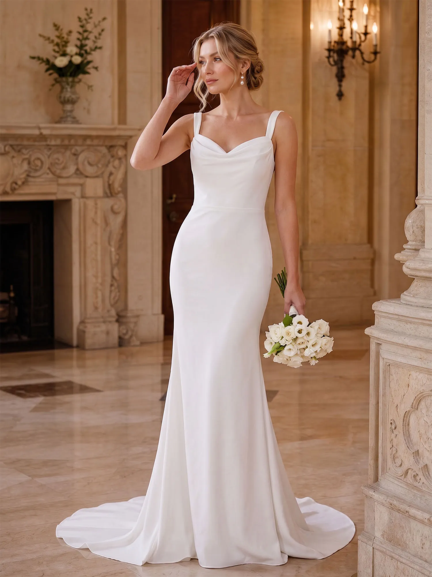 White Satin Cowl Neck Mermaid Wedding Dress
