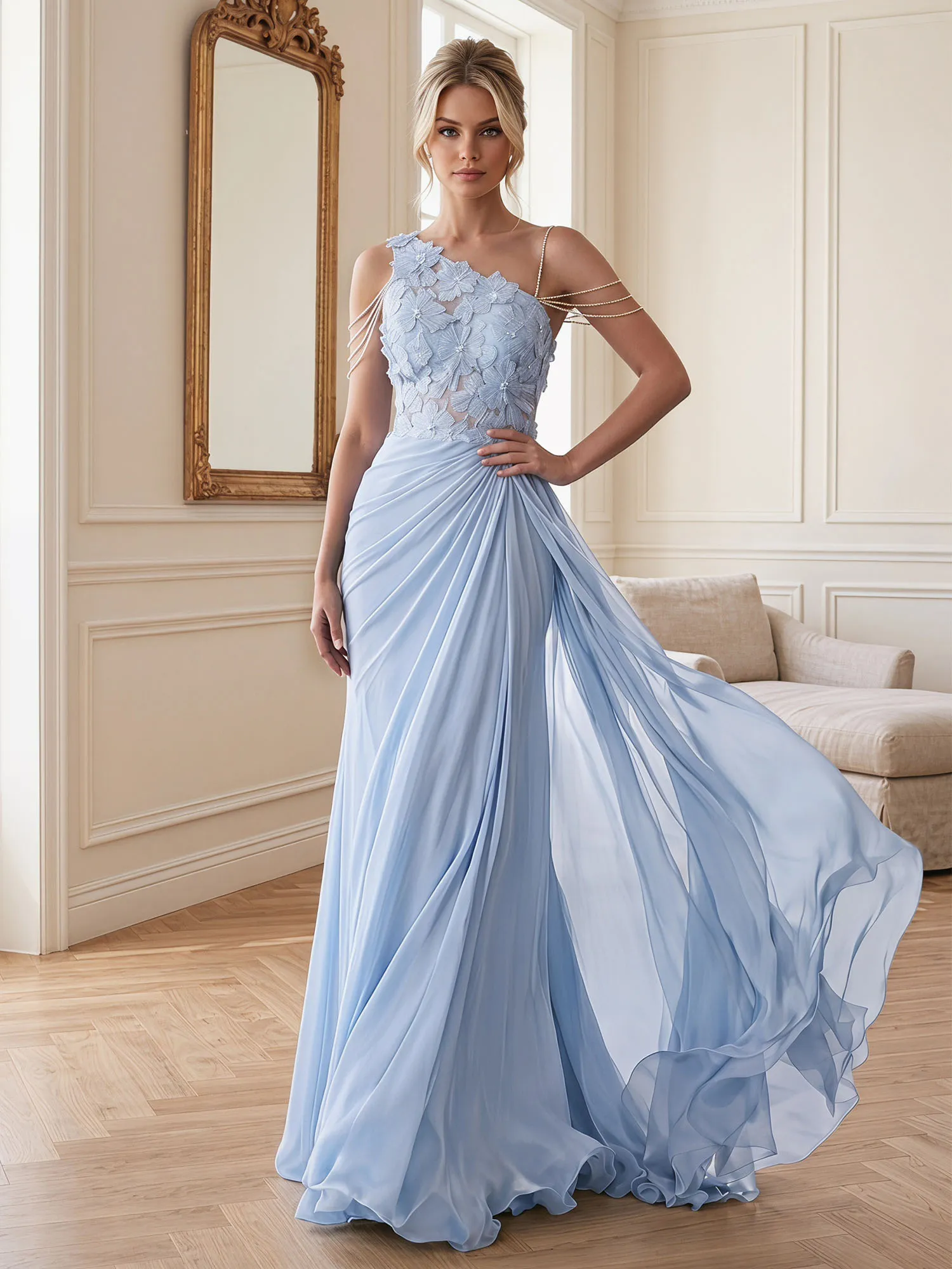 One-Shoulder Floral Lace Chiffon Evening Gown