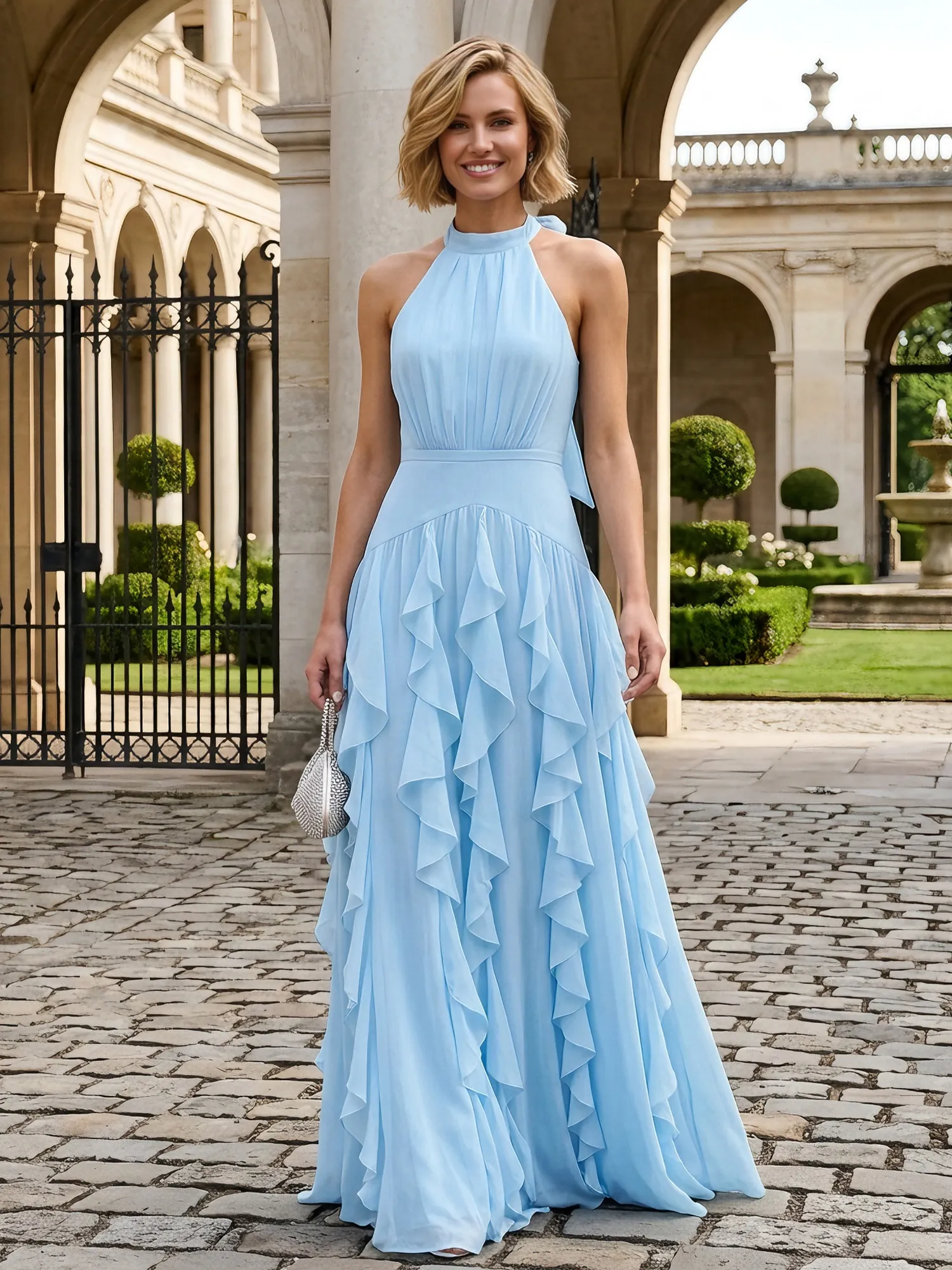 Halter Neck Ruffled Chiffon Evening Gown Maxi Dress