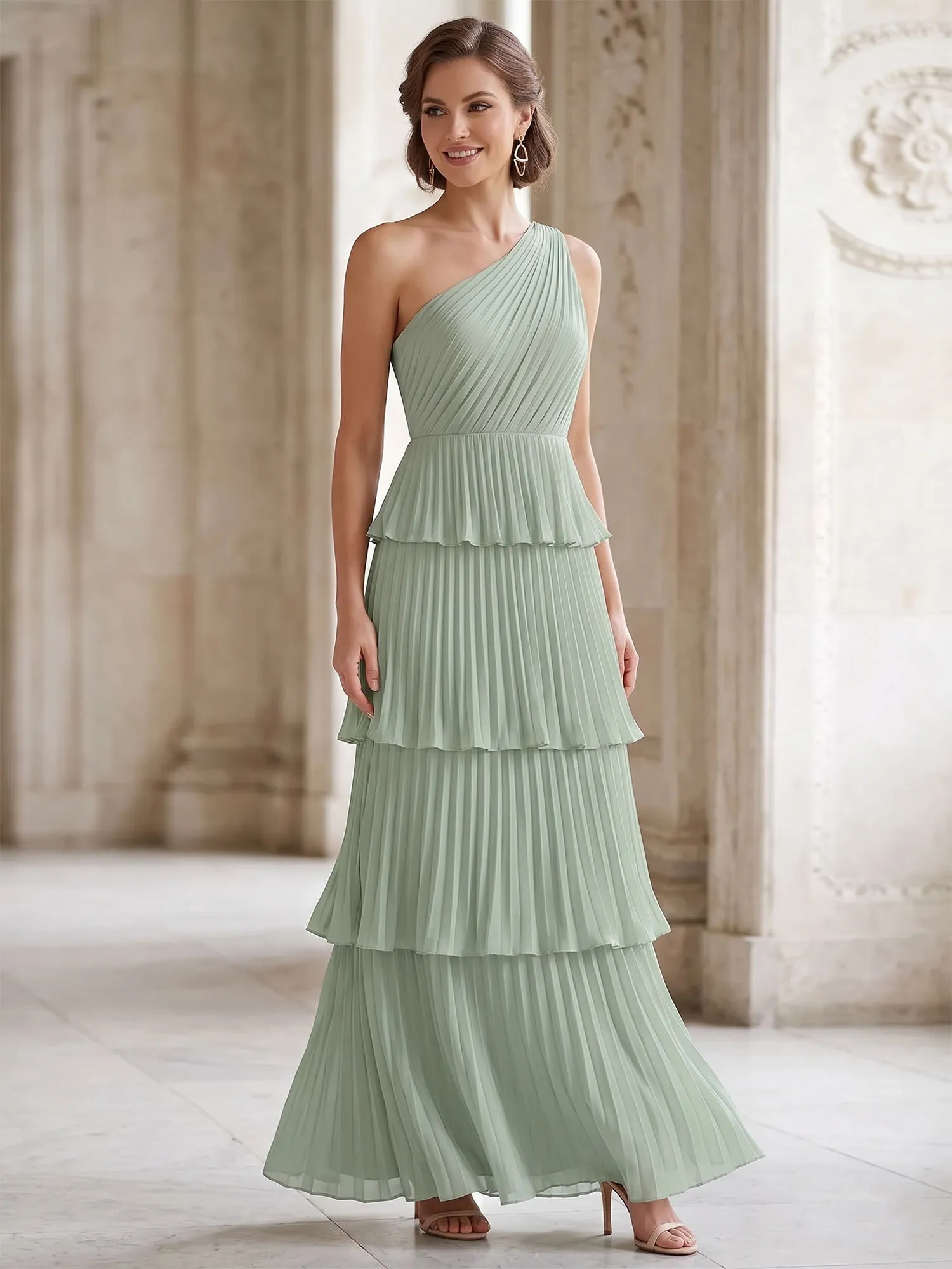 One-Shoulder Tiered Pleated Chiffon Evening Gown