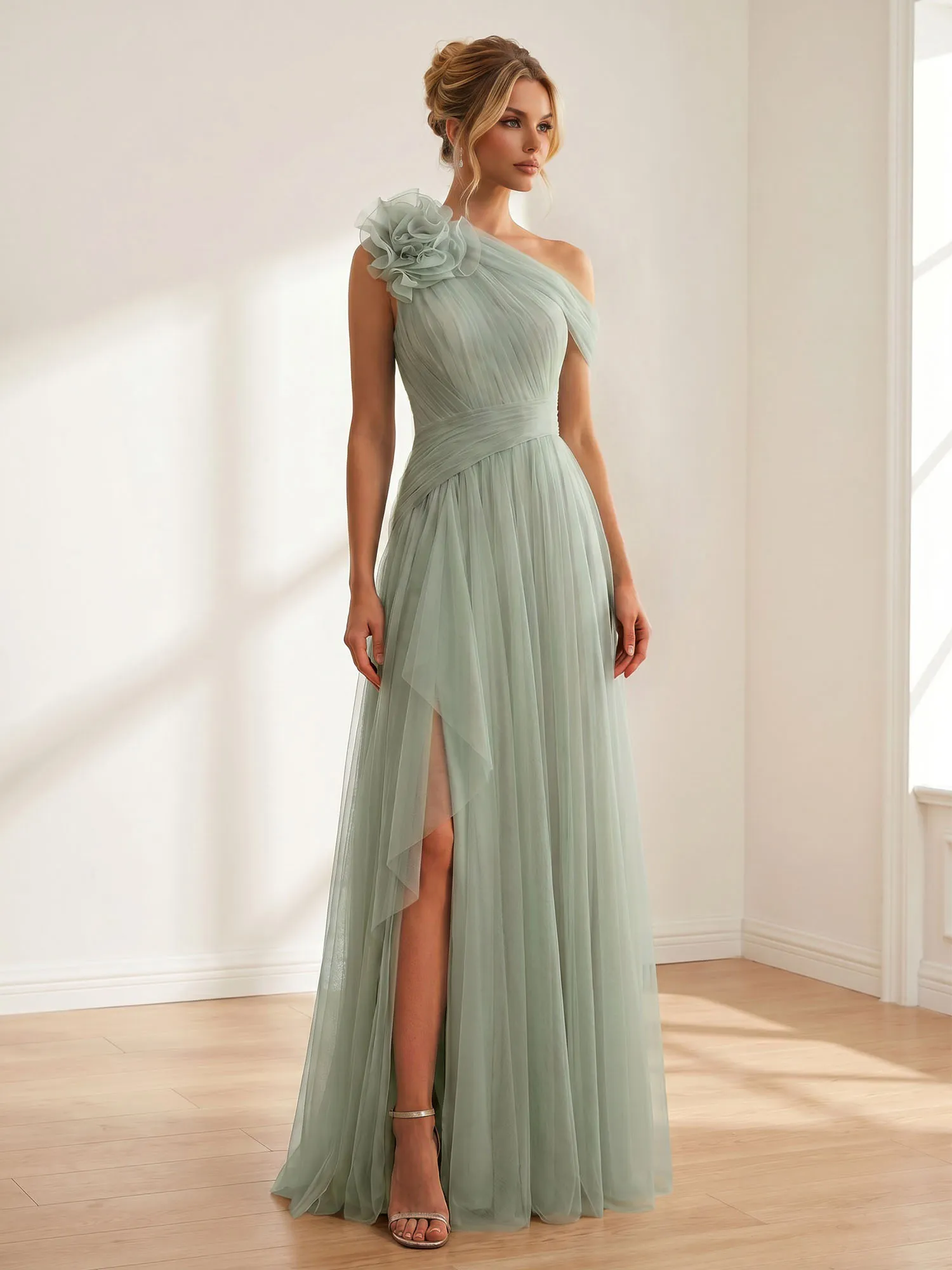 One-Shoulder Tulle Evening Gown with Floral Accent