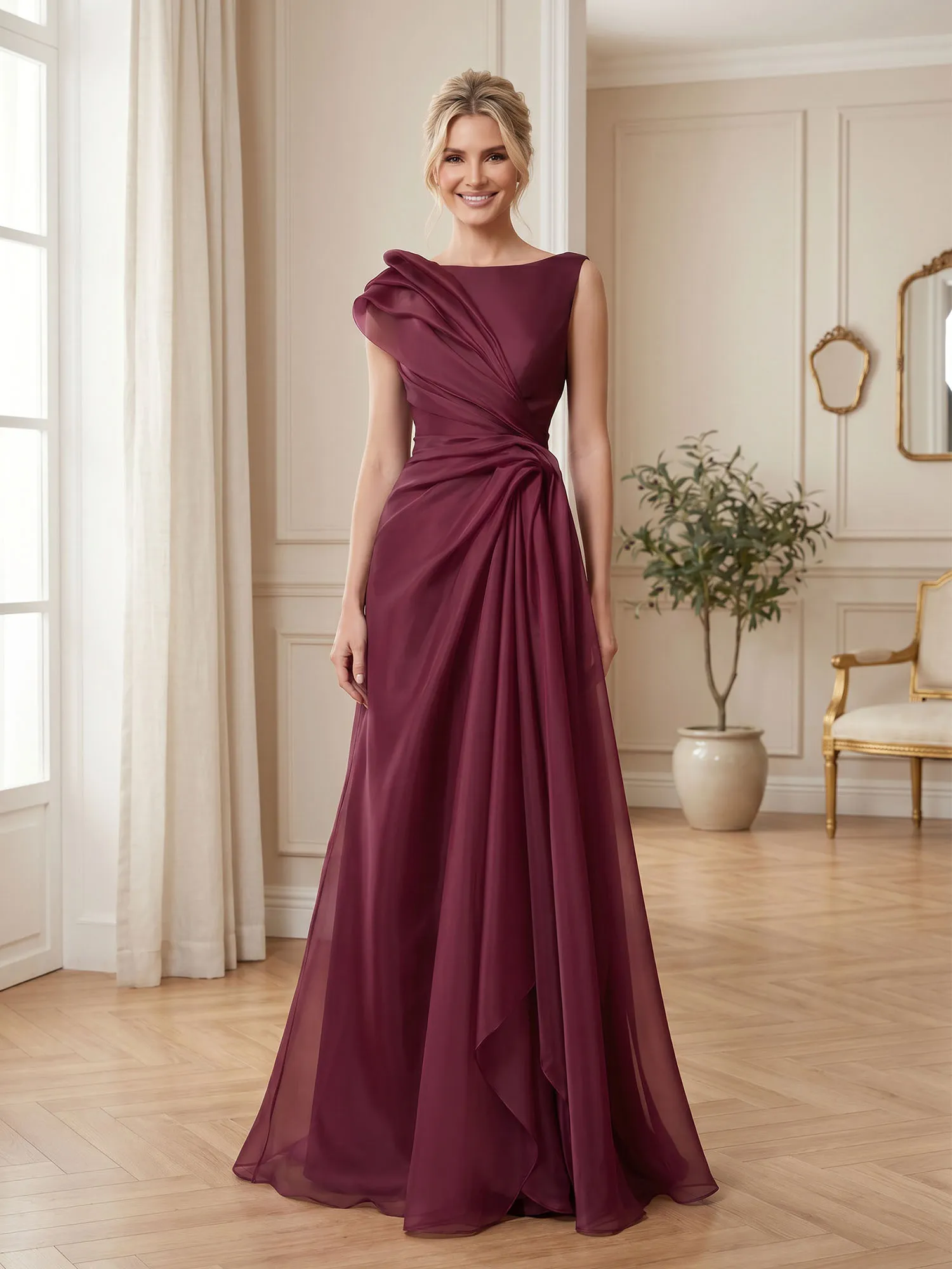 A Line Ruched Draped Tulle Evening Gown