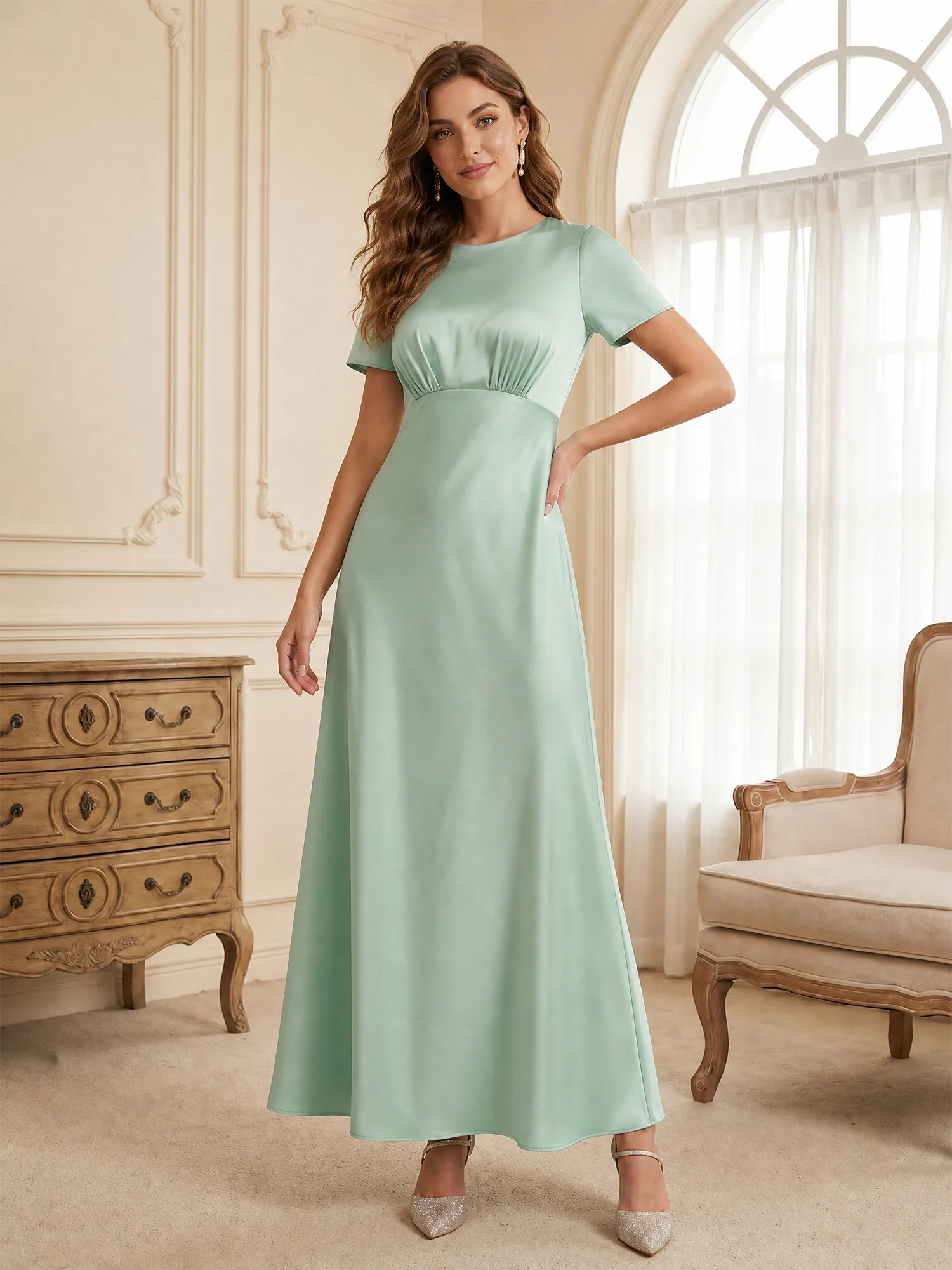 Round Neck Short Sleeve Satin Bridesmaid Dress