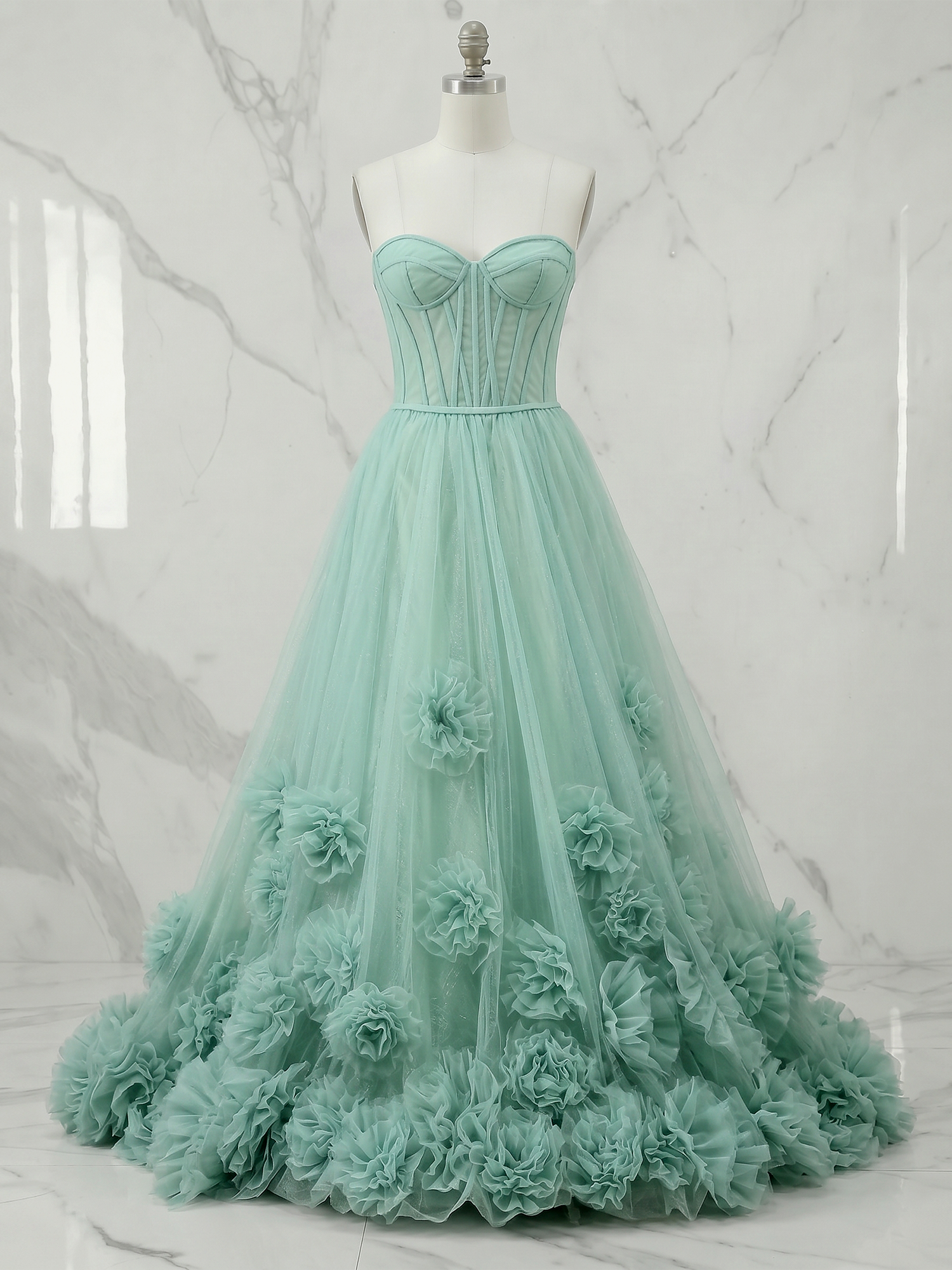 Romantic Formal Dress Red 3D Floral Corset Tulle Evening Gown