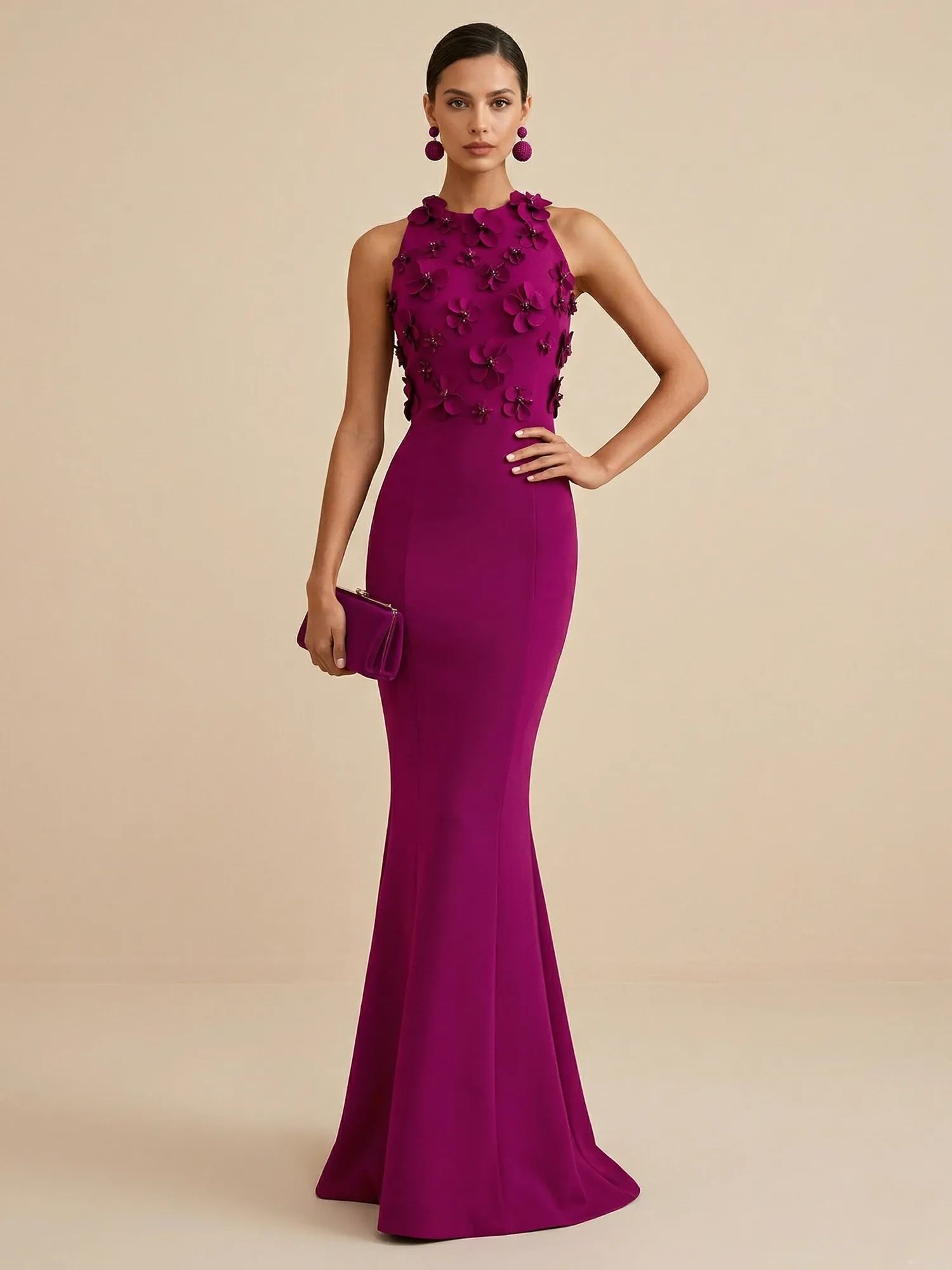 Scoop Neck 3D Floral Appliqué Crepe Mermaid Evening Gown