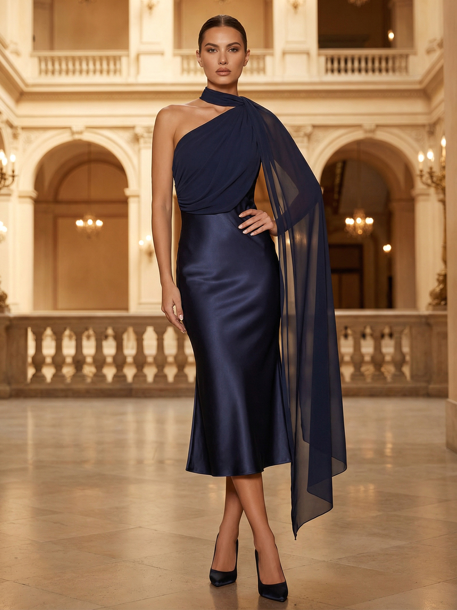 Navy Evening Formal Dress Mermaid Strapless Satin Midi Dress with Scarf