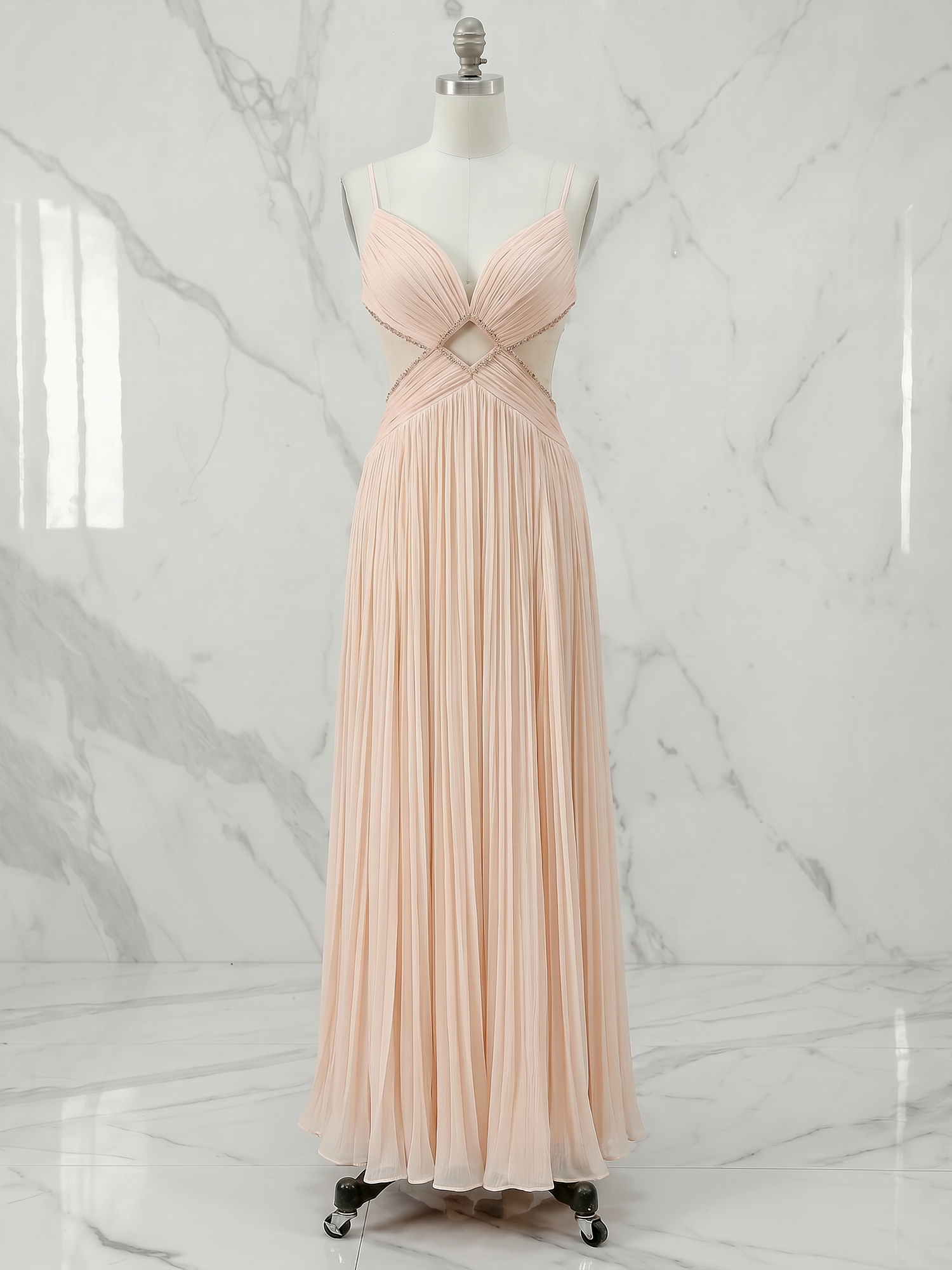 Radiant Blush Champagne Pleated Cutout Maxi Evening Gown