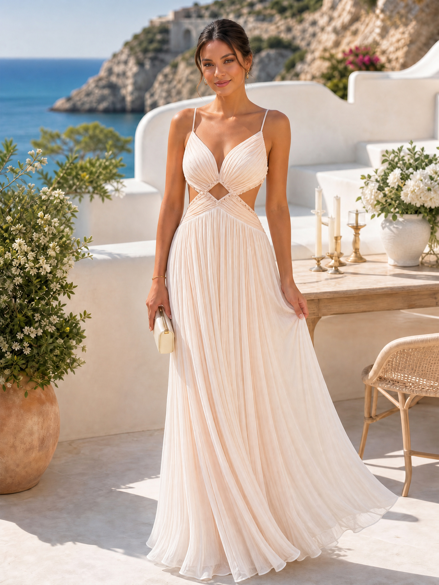 Radiant Blush Champagne Pleated Cutout Maxi Evening Gown