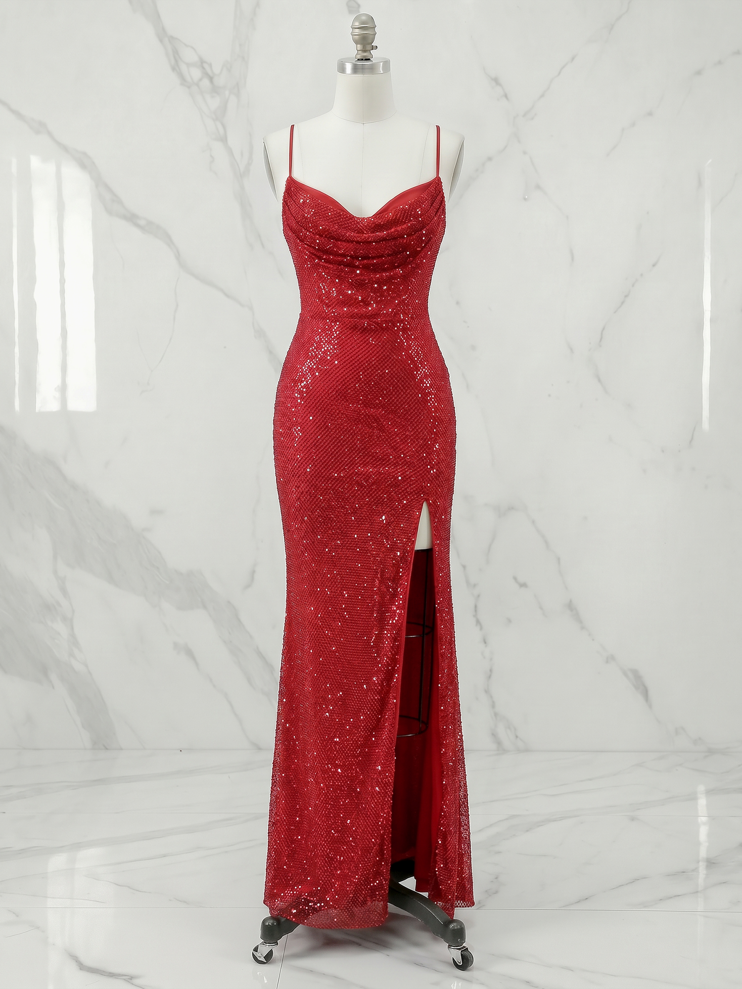 Glamorous Red Sequin Cowl Neck Long Prom Dress with Slit