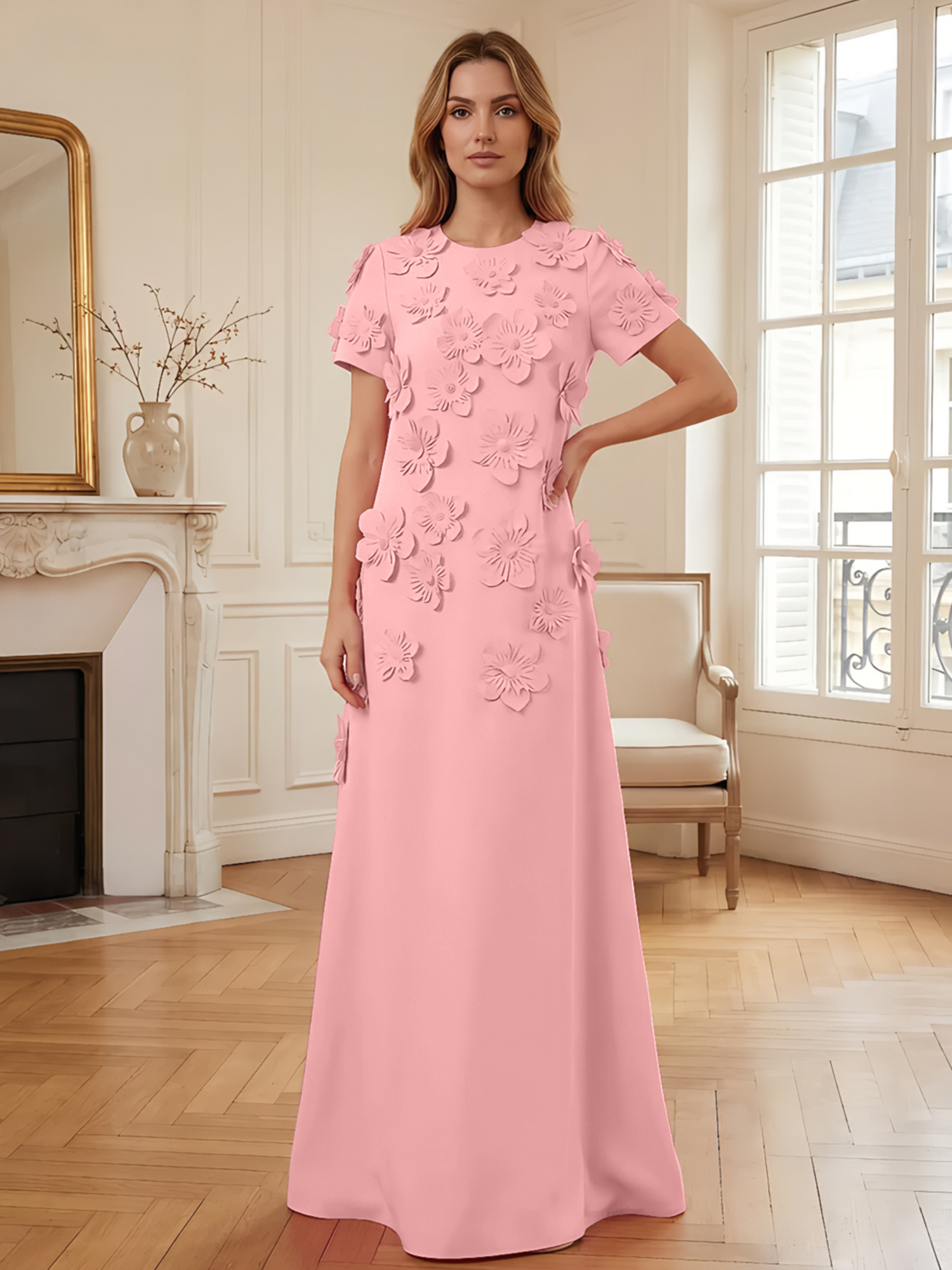 3D Floral Applique Short-Sleeve Column Evening Gown