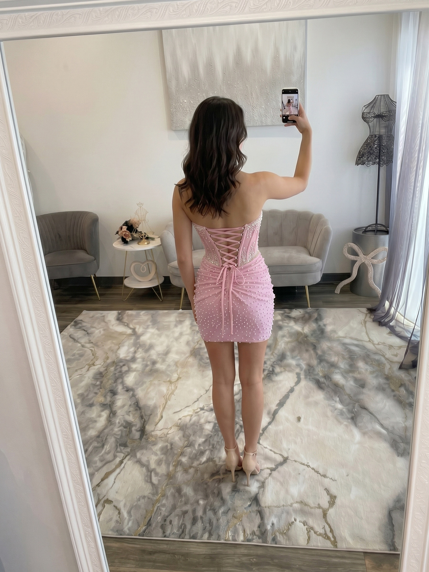 Lilac Pearl-Embellished Ruched Corset Short Homecoming Dress